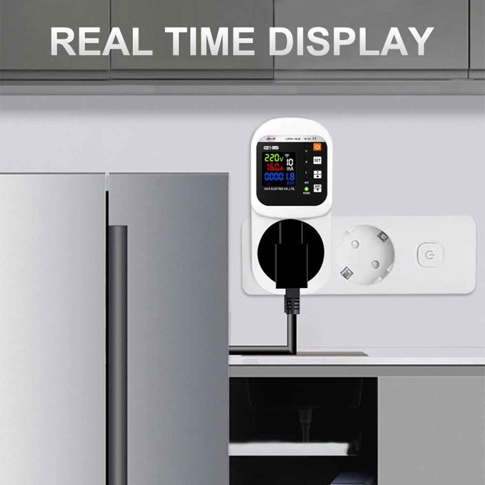 Smart WiFi Socket 16A with LCD Display, Overload Protection & Automatic Reset, Digital Wattmeter & Power Meter, AC 140-300V Voltage & Current Protector for Home Use