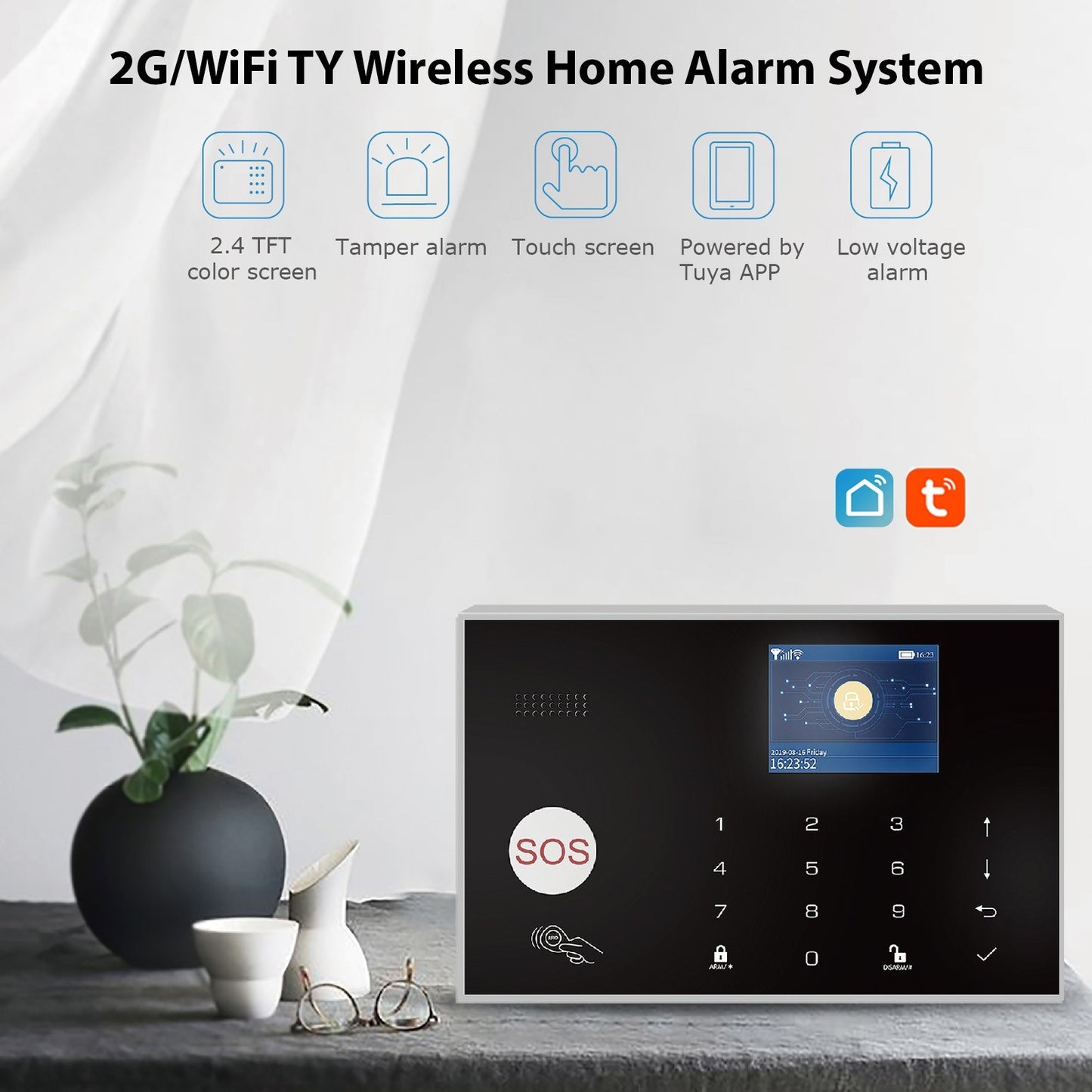 Wireless Home Alarm System 2G/WiFi, 2.4 Touch Screen, Remote Control SOS, Anti-theft, Easy Setup, DIY GSM for Home Security