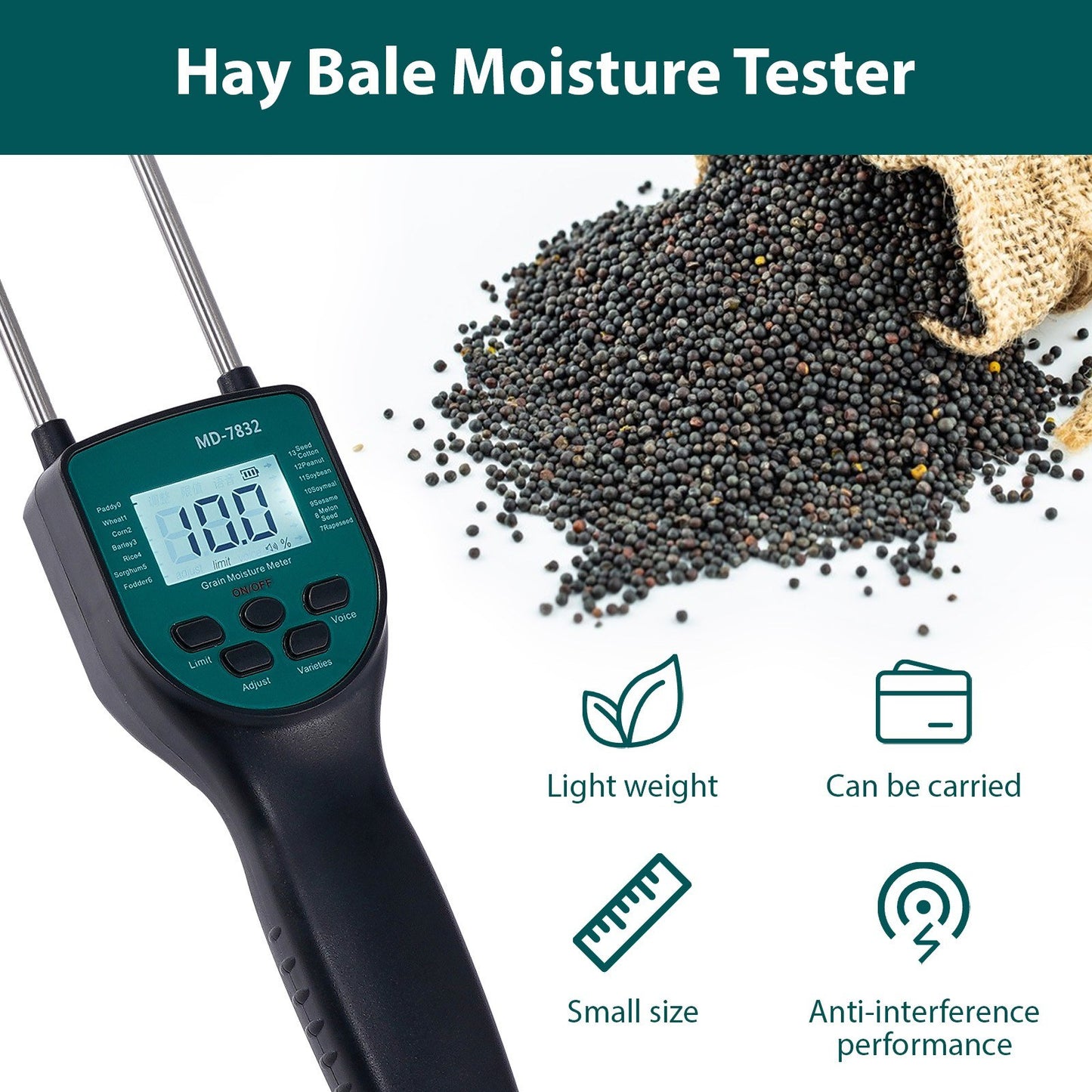 Dual-Rod Hay Bale Moisture Meter with LCD Display for Paddy, Wheat, Corn, Barley, Rice