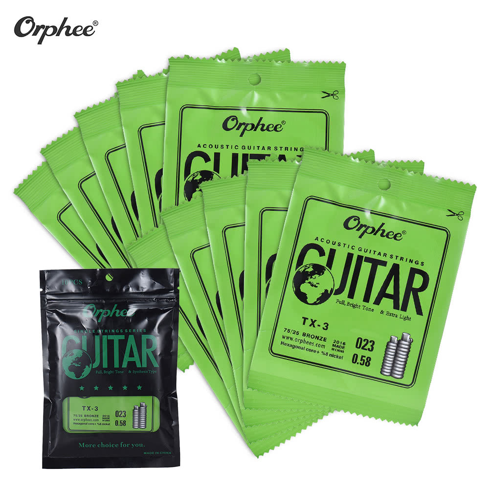 Orphee TX-1 Acoustic Folk Guitar 1st E-String Replacement (.010) 10-Pack, High-Carbon Steel Core, 75/25 Phosphor Bronze, Extra Light Tension