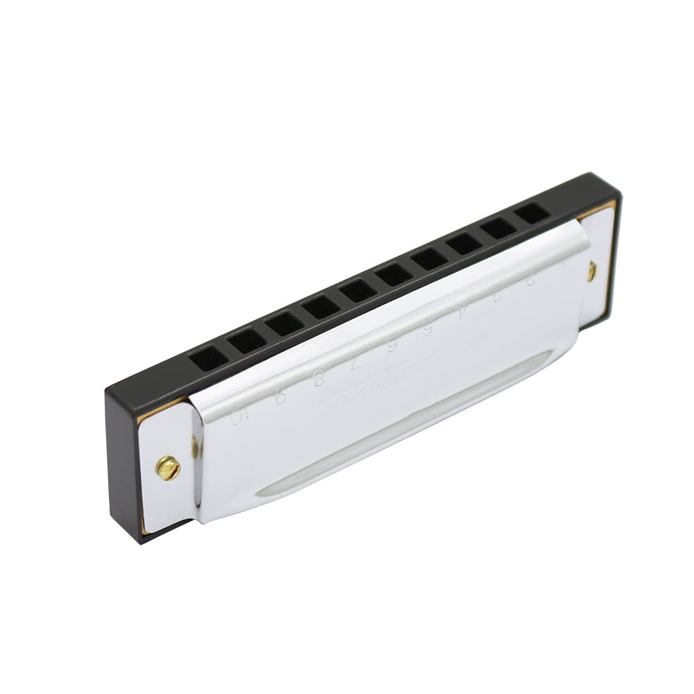 Beginners 10-Hole Diatonic Blues Harmonica, 20 Tone, Key of C, Gold with Case