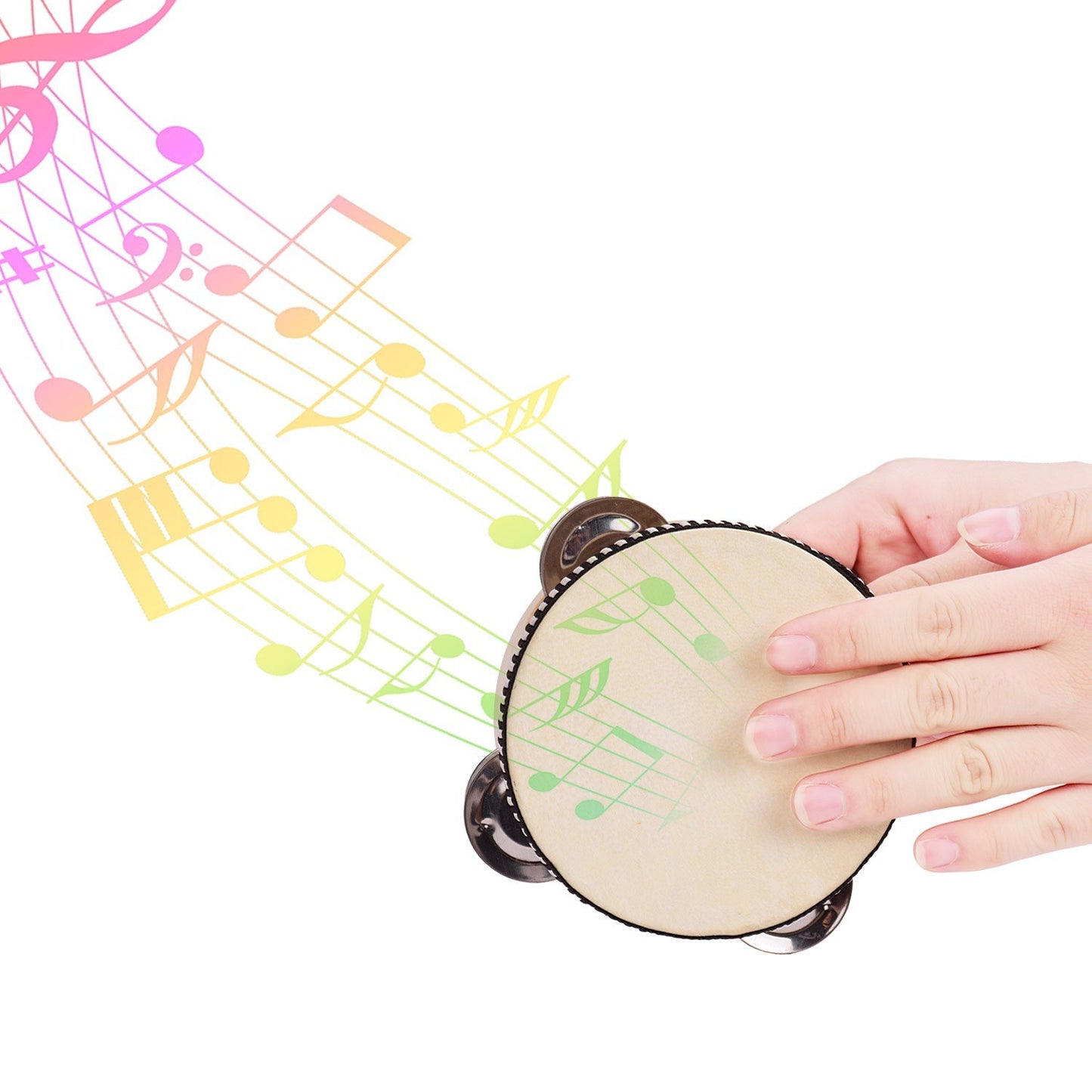 4 Wooden Handheld Tambourine with Single Row Metal Jingles and Sheepskin Drumhead