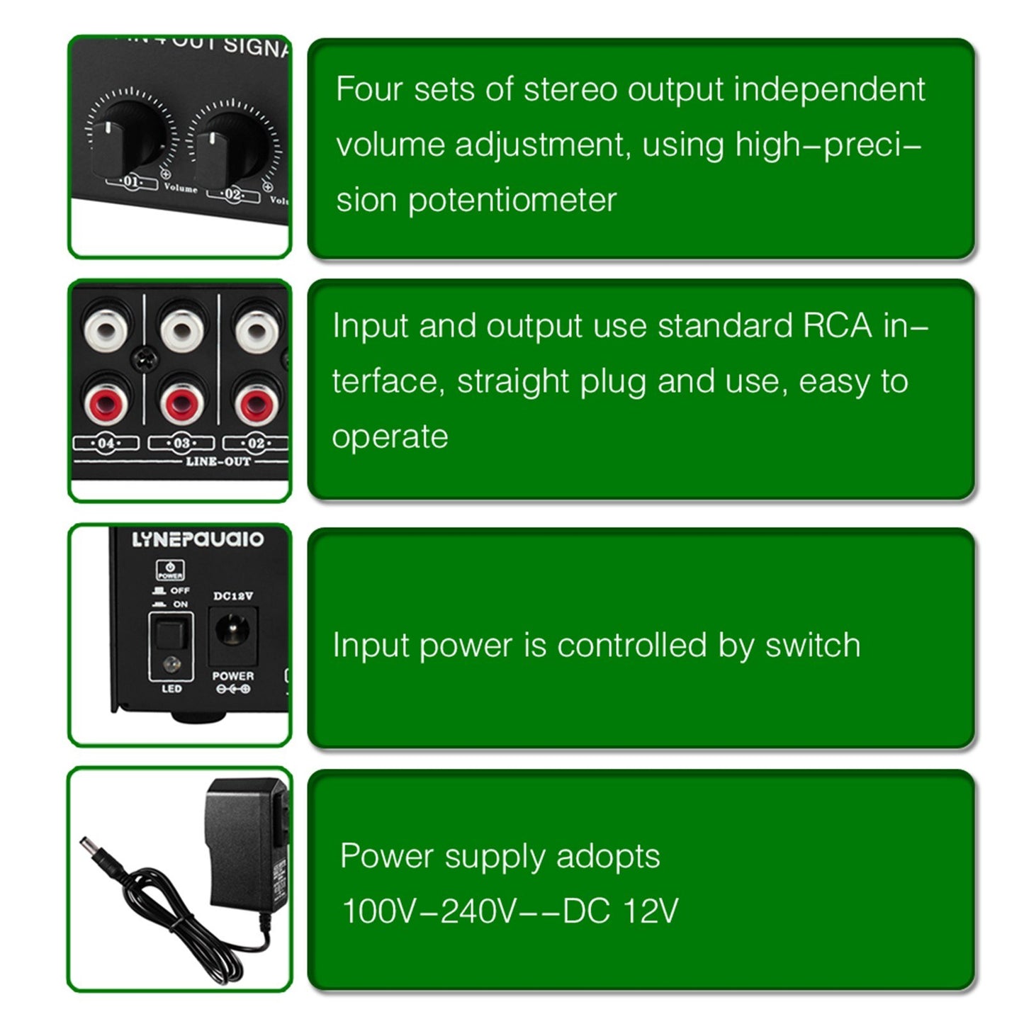 LYNEPAUAIO Stereo Audio Amplifier: 1-in-4-out Signal Distributor