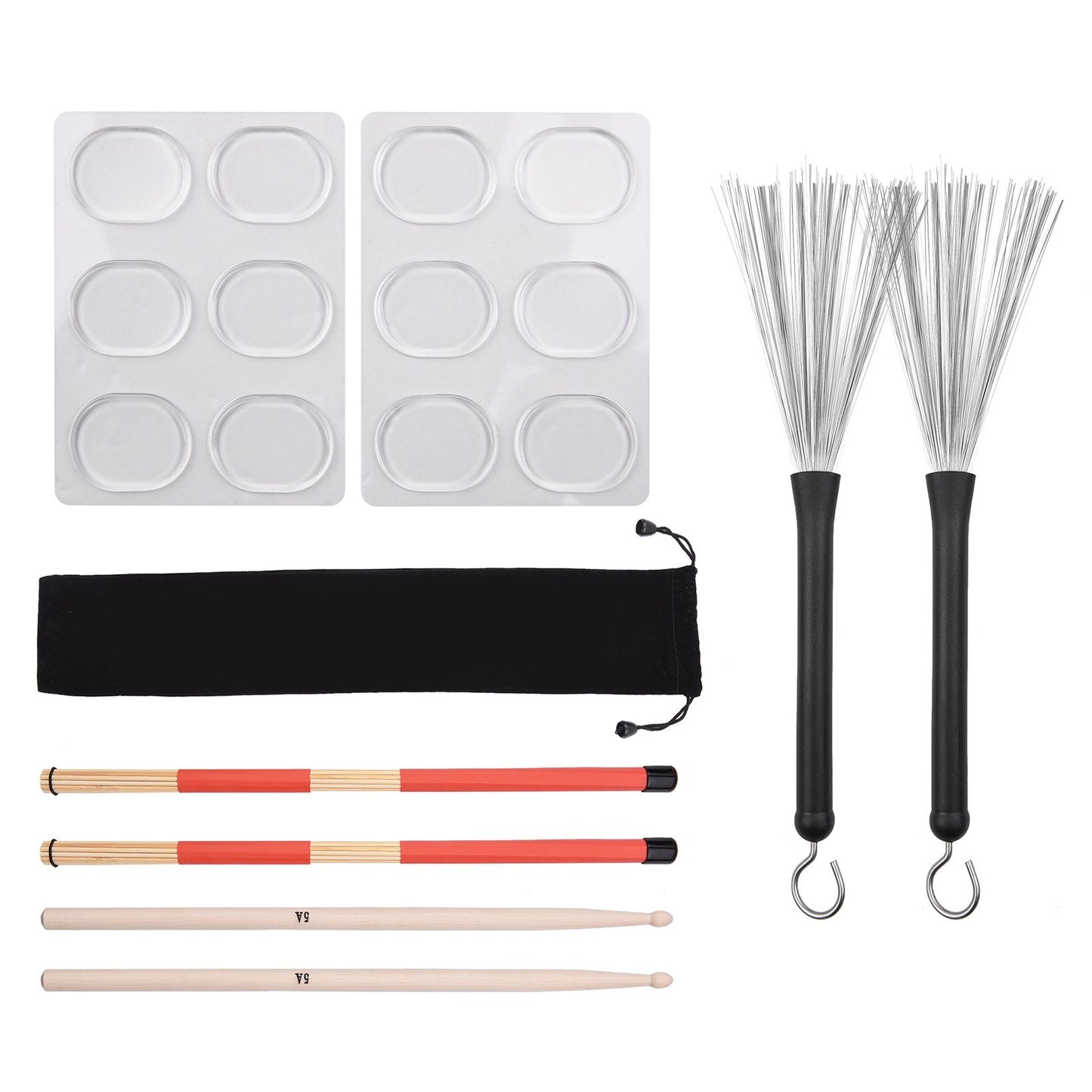 Complete Drumsticks Set: Retractable Wire Brushes, 19-Rod Bamboo Brushes, 5A Maple Wood Drumsticks, Mute Pads for Jazz & Acoustic Music Lovers
