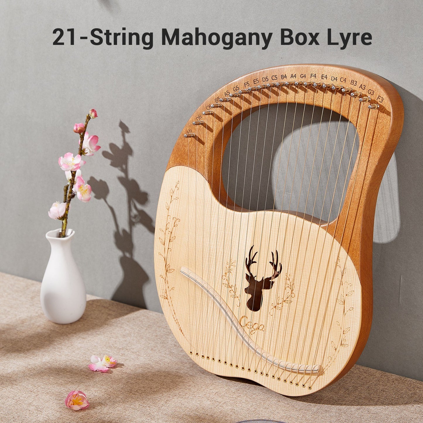 Cega 21-String Metal Lyre Harp with Tuning Wrench, Picks & Music Note Stickers