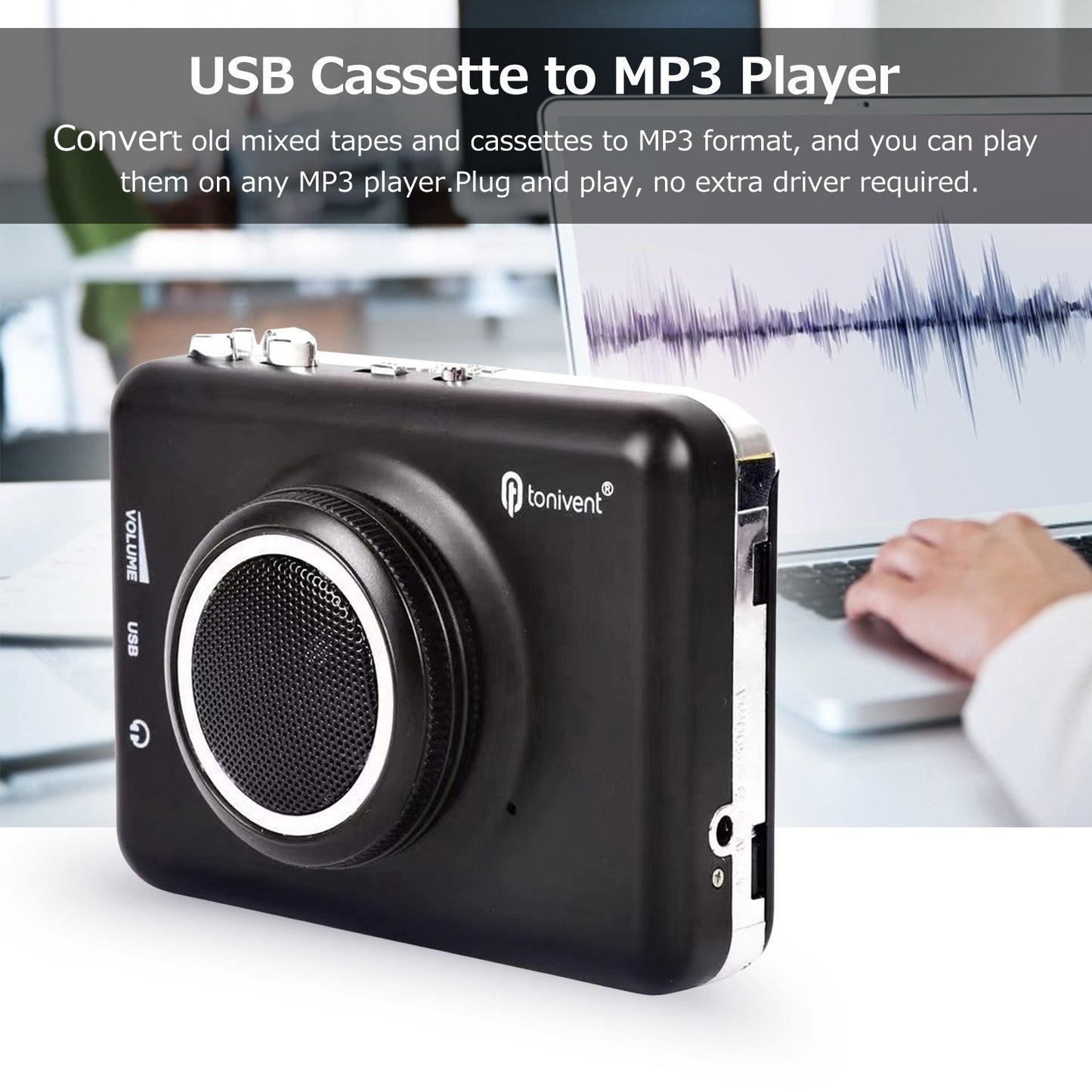 TONIVENT Portable Cassette to MP3 Converter with Detachable Speaker & AUX Input Compatible with PC/Laptop