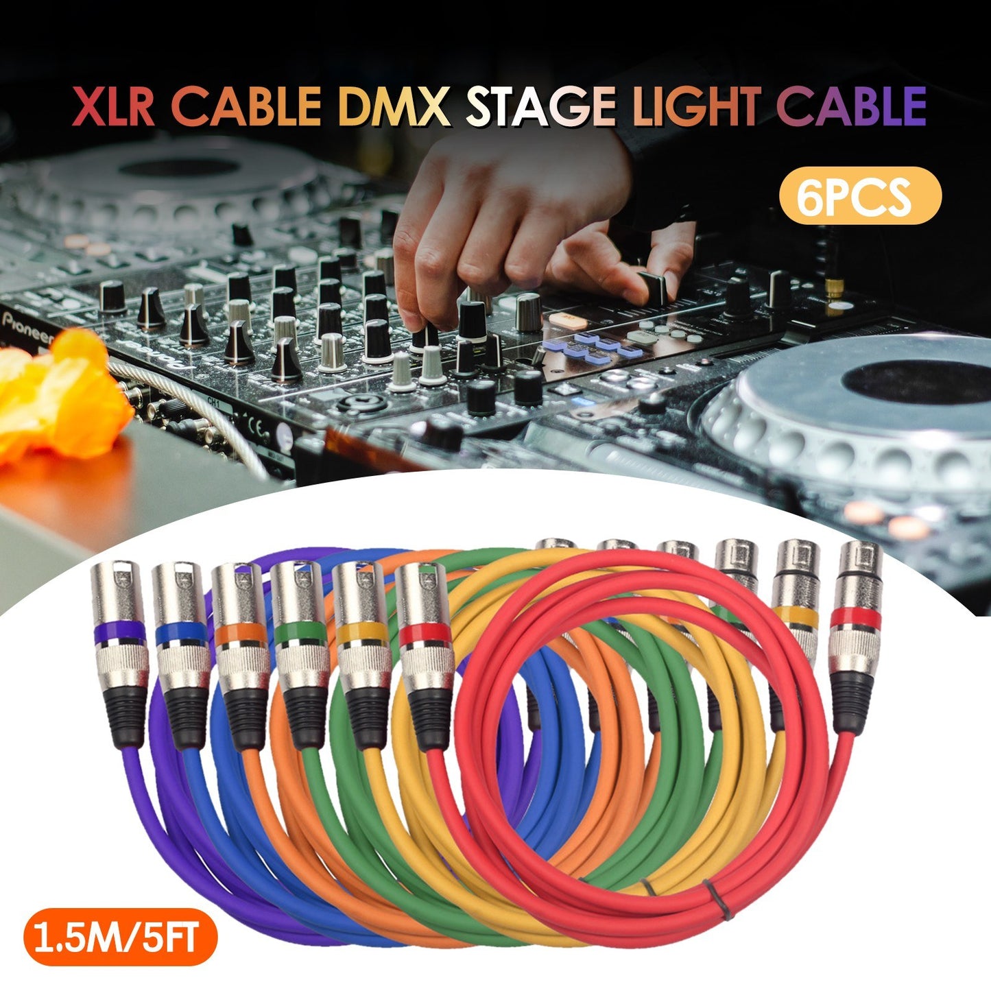 6 Pack 1.5M/5ft 3-Pin XLR Male to Female DMX Stage Light Cable Black PVC Jacket