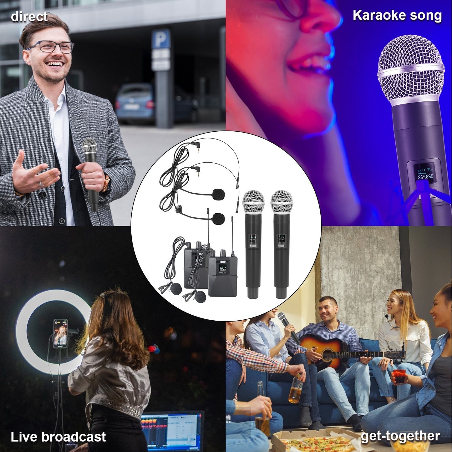 Professional UHF Wireless Microphone System: Dual Handheld Mics with Receiver, Wearable Transmitter, Headworn & Lavalier Options