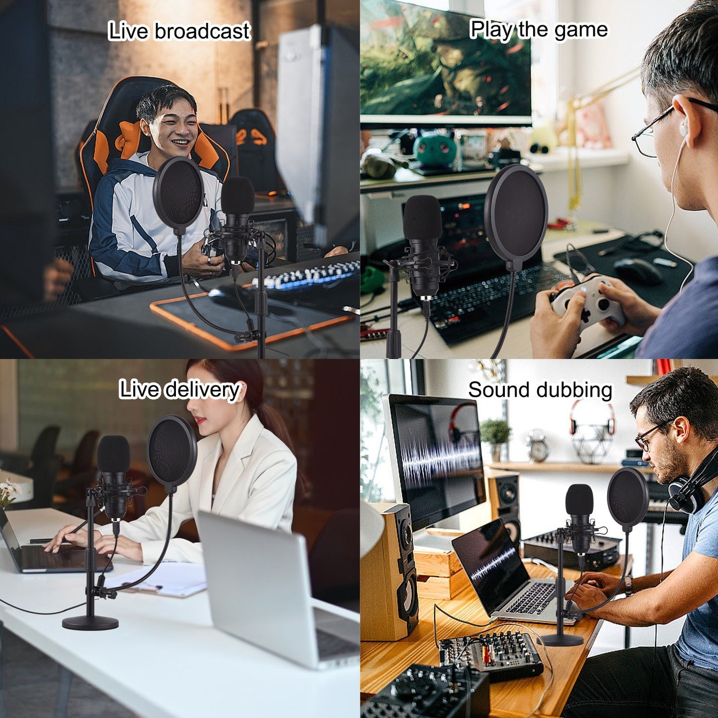 Cardioid Condenser USB Gaming Microphone Kit with Desktop Stand, Shock Mount & Pop Filter