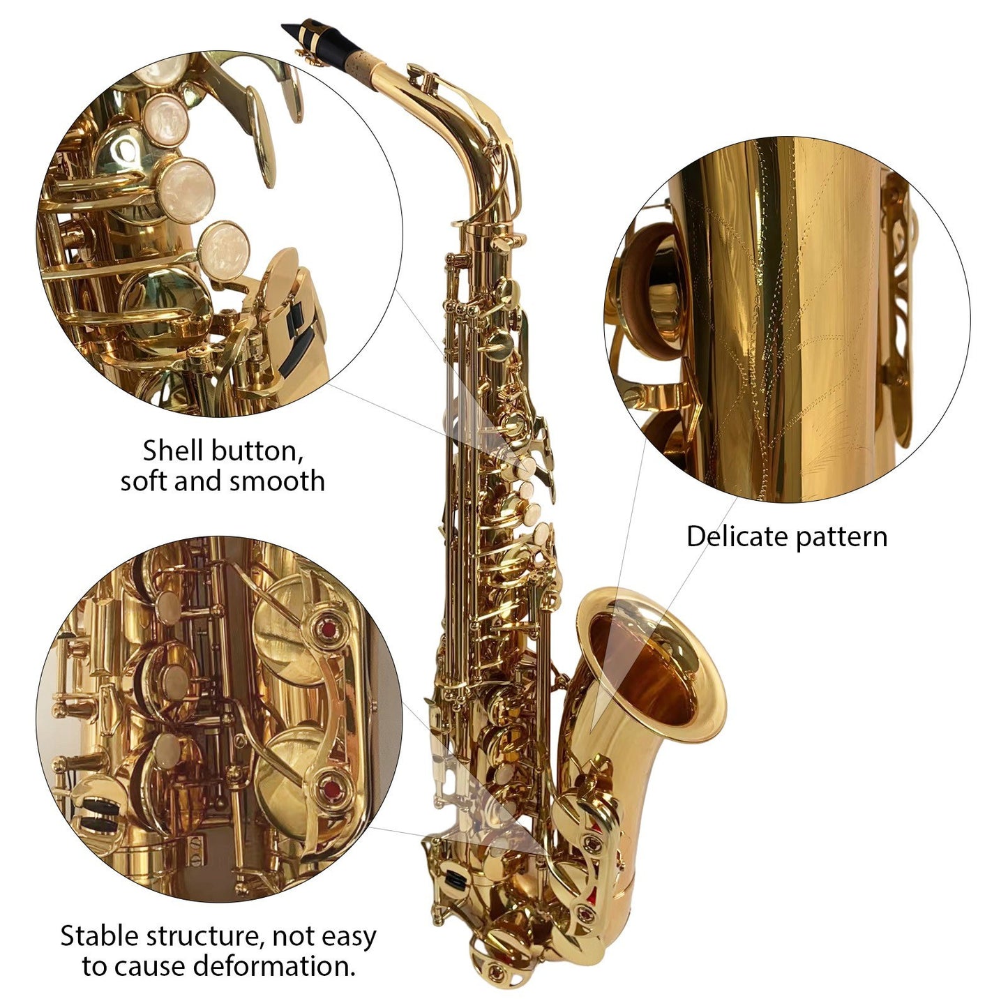 Eb Alto Saxophone with Brass Body & White Shell Keys - Golden Woodwind Instrument