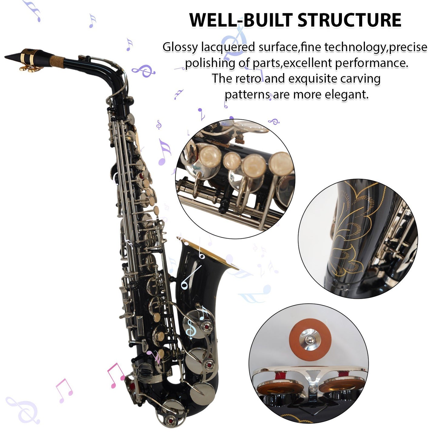 Eb Alto Saxophone, Black Brass Body, White Shell Keys, Woodwind Instrument