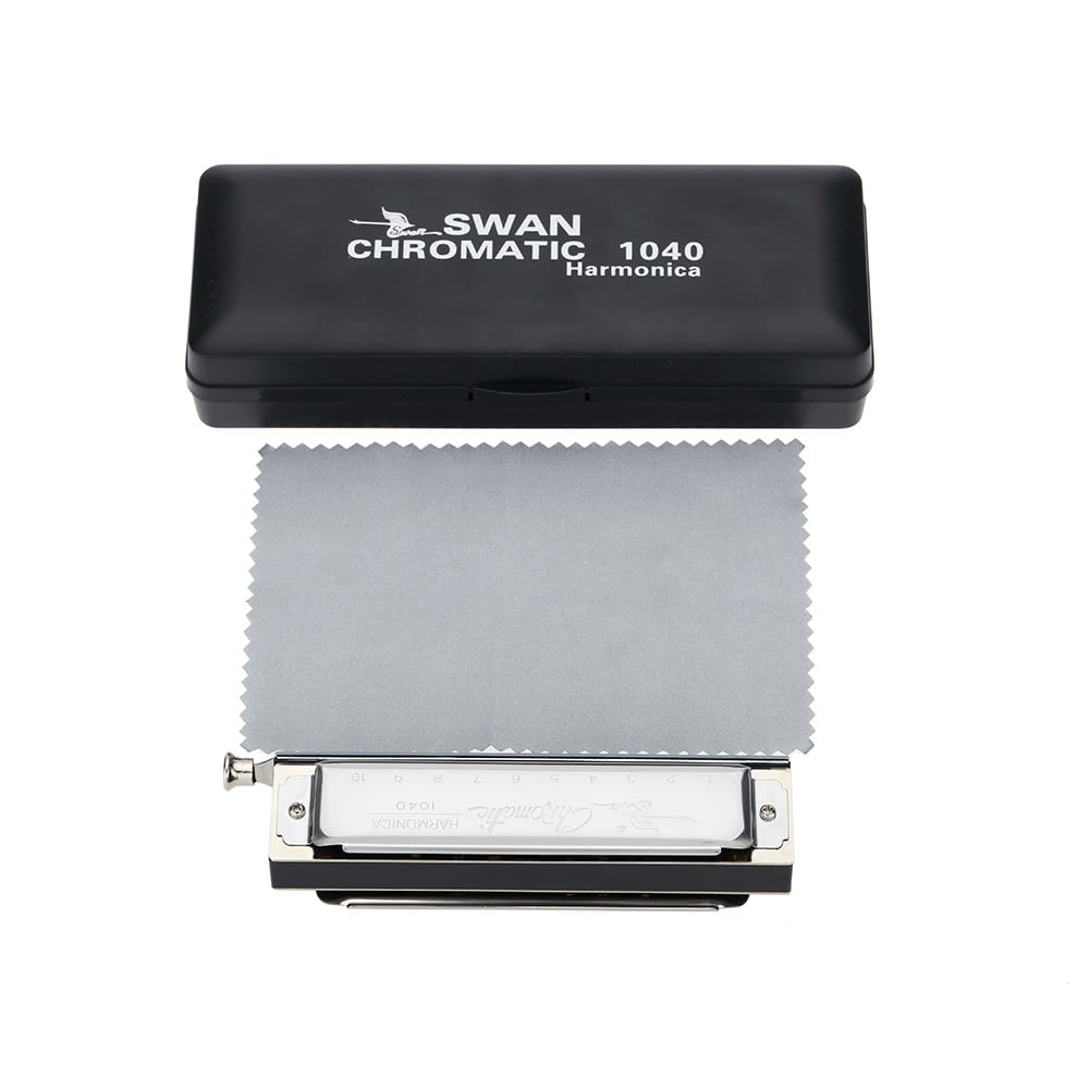 Swan 10-Hole Chromatic Harmonica, Key of C, 40 Tones, Silver Finish with Exquisite Box