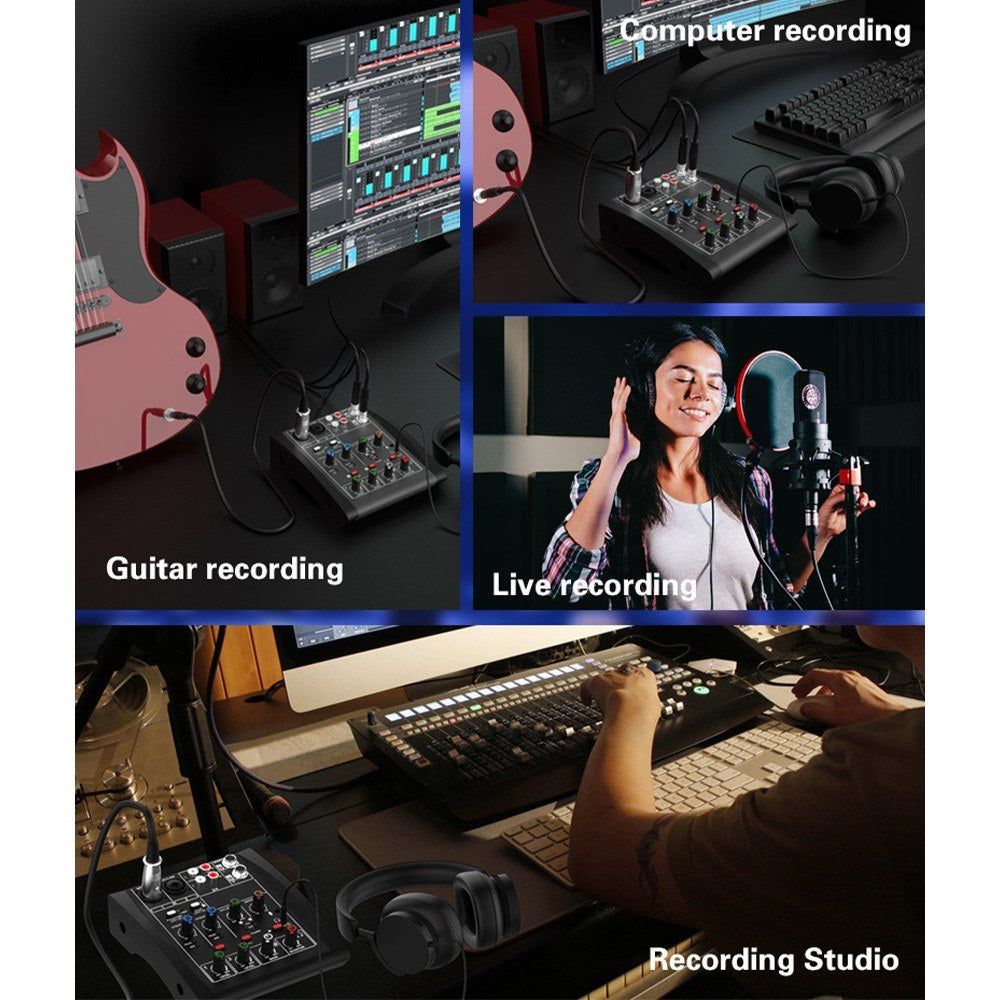 4-Channel Audio Mixer with 48V Phantom Power for Home Studio & Live Streaming