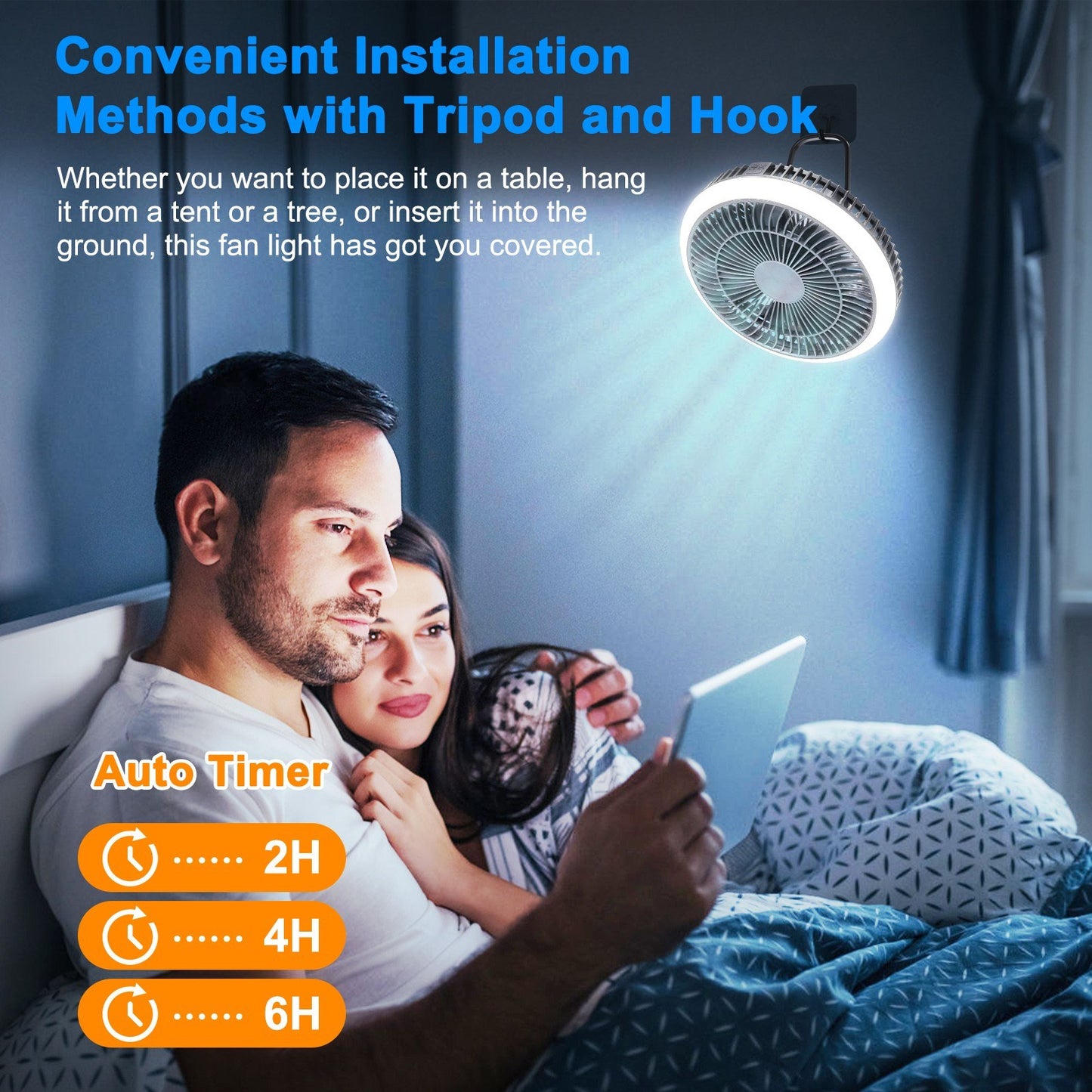 Rechargeable 15000mAh Smart Outdoor Camping Fan & Light with Adjustable Height Tripod, APP Control, Variable Light Color & Wind Speed, Timer Options