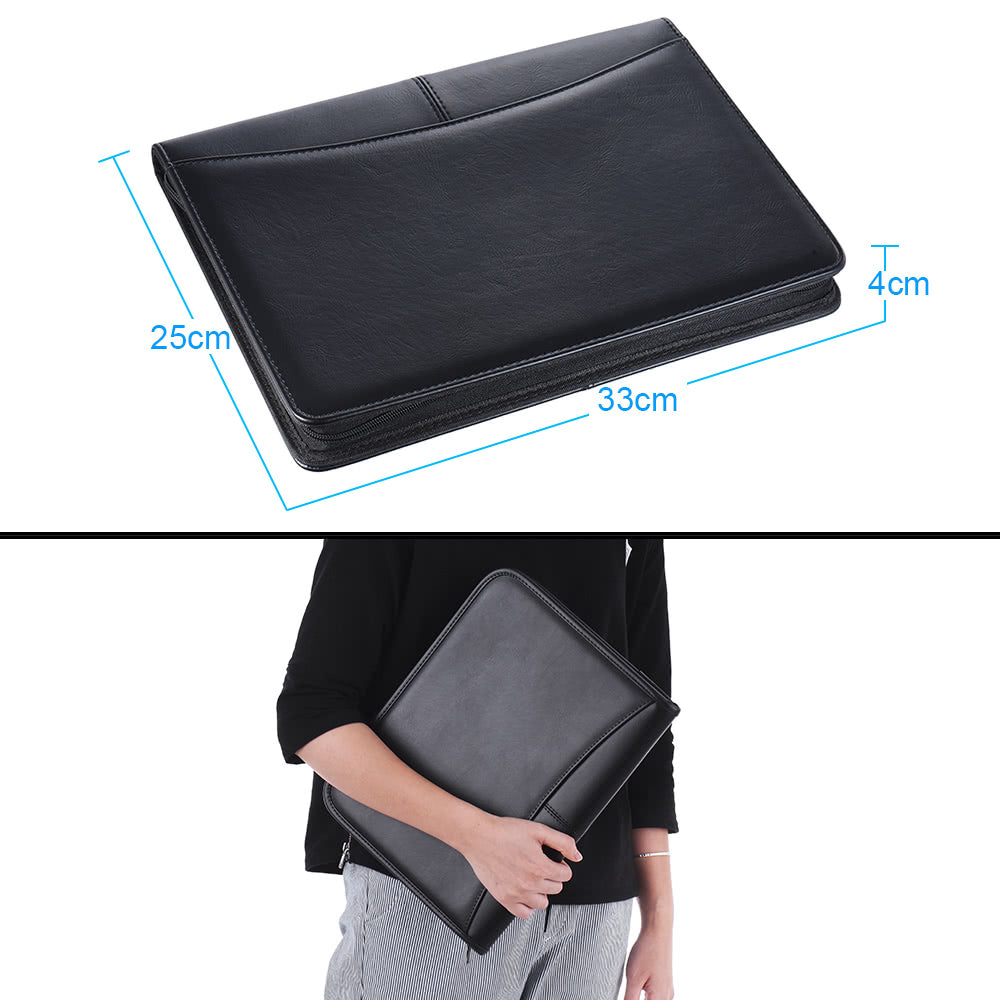 Professional A4 PU Leather Padfolio with Zipper, Calculator, Card Holder, and Notepad