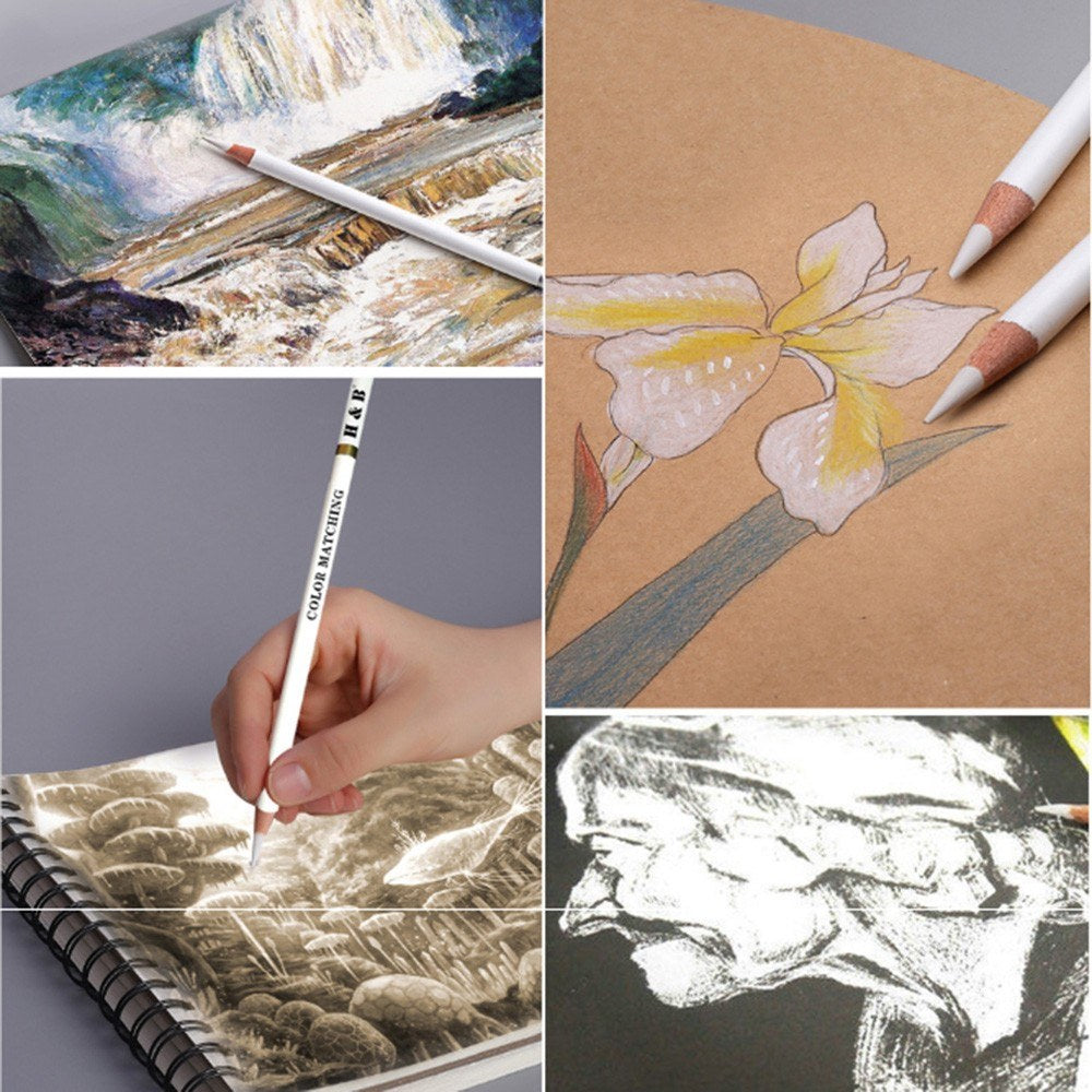 H&B 15-Piece Art Drawing Kit: White Charcoal & Pastel Pencil Set with Painting Tools