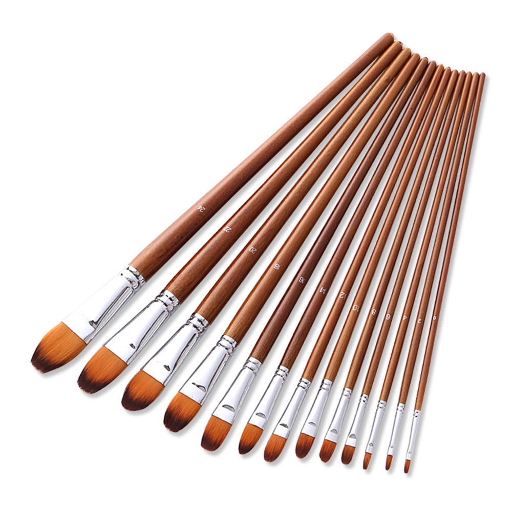 13-Piece Professional Art Paint Brush Set - Long Wooden Handles, Nylon Bristles for Acrylic, Oil, Watercolor, Gouache & Face Painting