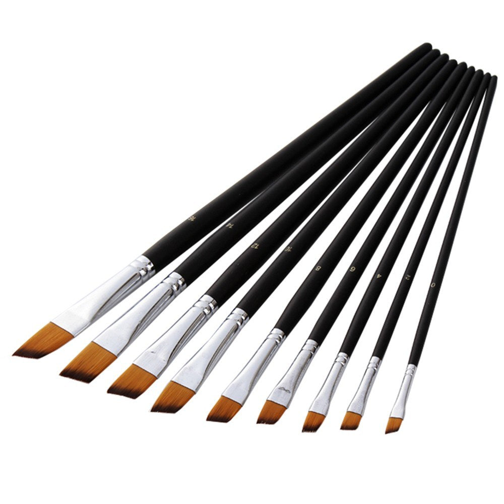 9pcs Professional Artist Paint Brush Set - Long Wooden Handle, Nylon Hair, Flat Tip for Acrylic, Oil, Watercolor, Gouache