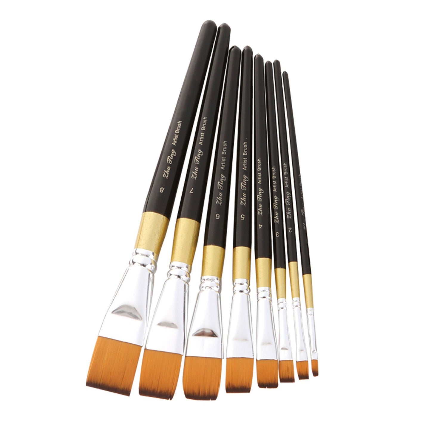 8pcs Flat Tip Nylon Paint Brushes Set for Acrylic, Oil, Watercolor, Gouache - Perfect for Students, Adults, Artists, Nail & Body Art