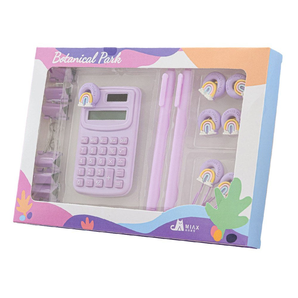 Cute Stationery Set: Basic Calculator, Long Tail Paper Clamp, Pens, Bookmark, Pushpin, Math Organizer for School, Office, Home, Classroom