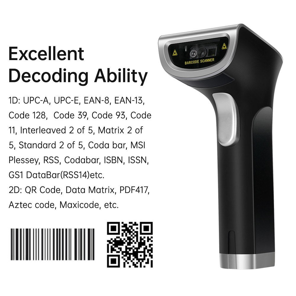 2D Wireless QR Barcode Scanner - Handheld USB Wired Reader