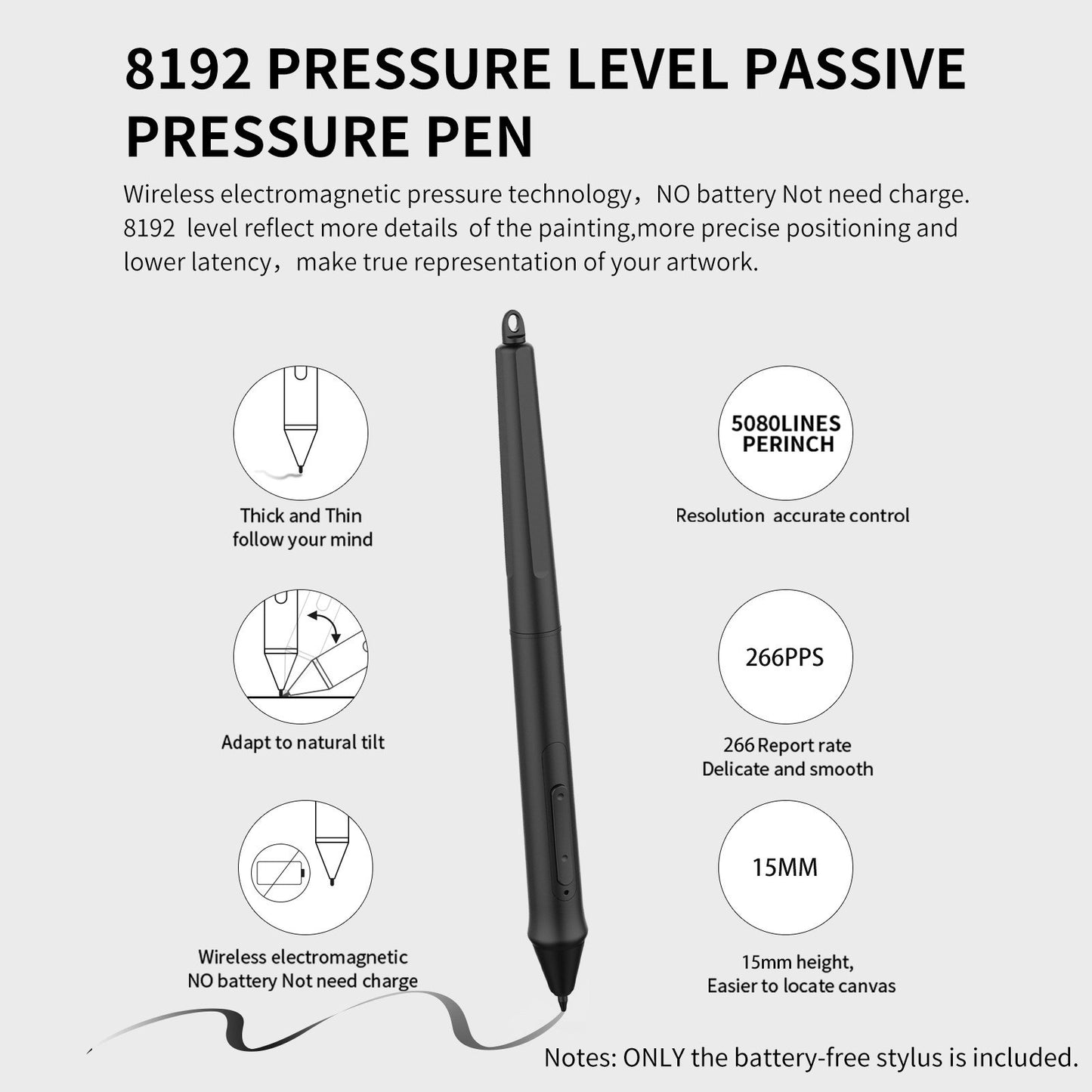 W517 Stylus Pen - 8192 Levels, 2 Custom Keys, 10 Extra Nibs, Battery-Free