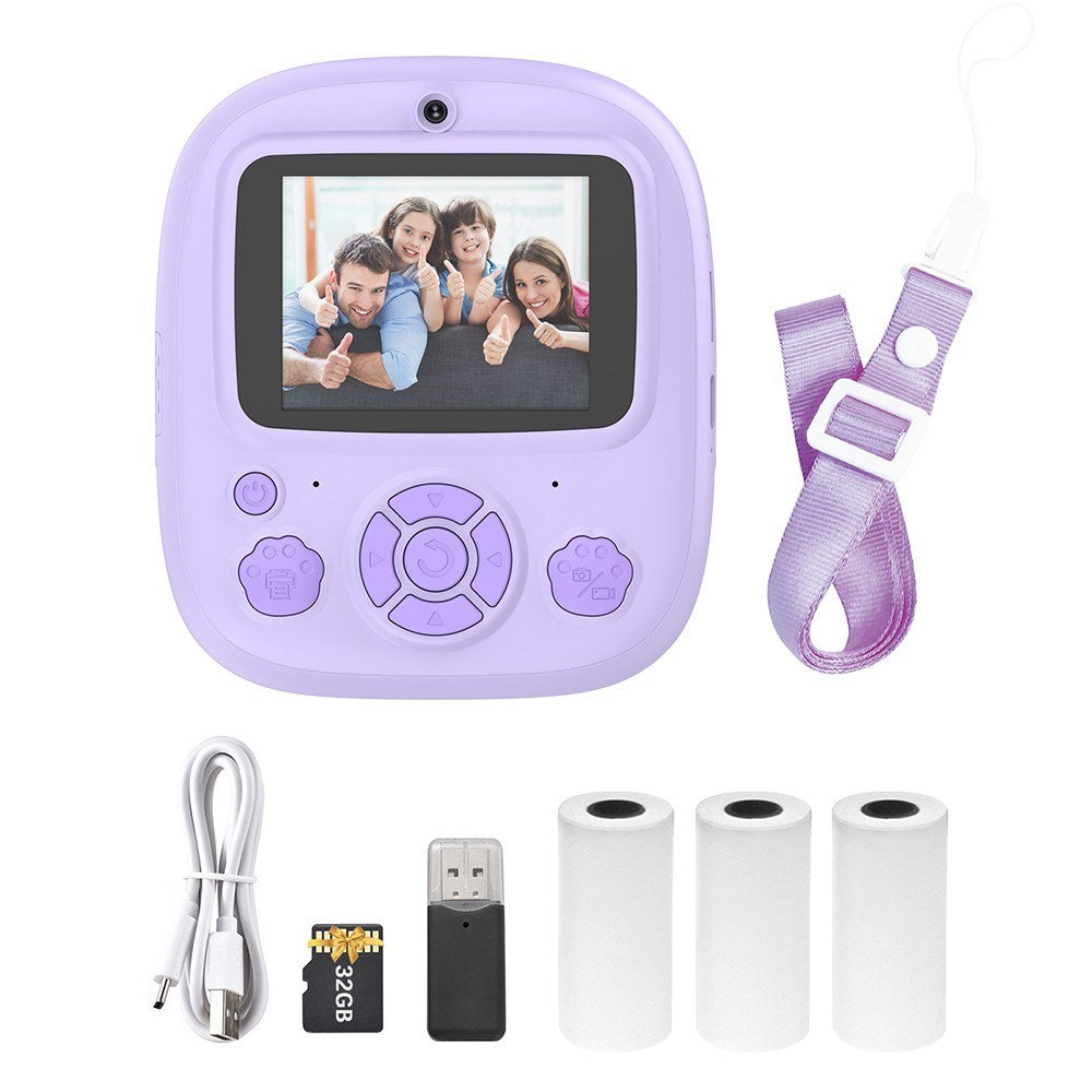 Instant Thermal Printer Kids Camera with 1080P/720P Video Recording, 2.4-Inch Screen, Timer Shooting, 3 Inkless Print Rolls, 32GB Memory Card & Card Reader