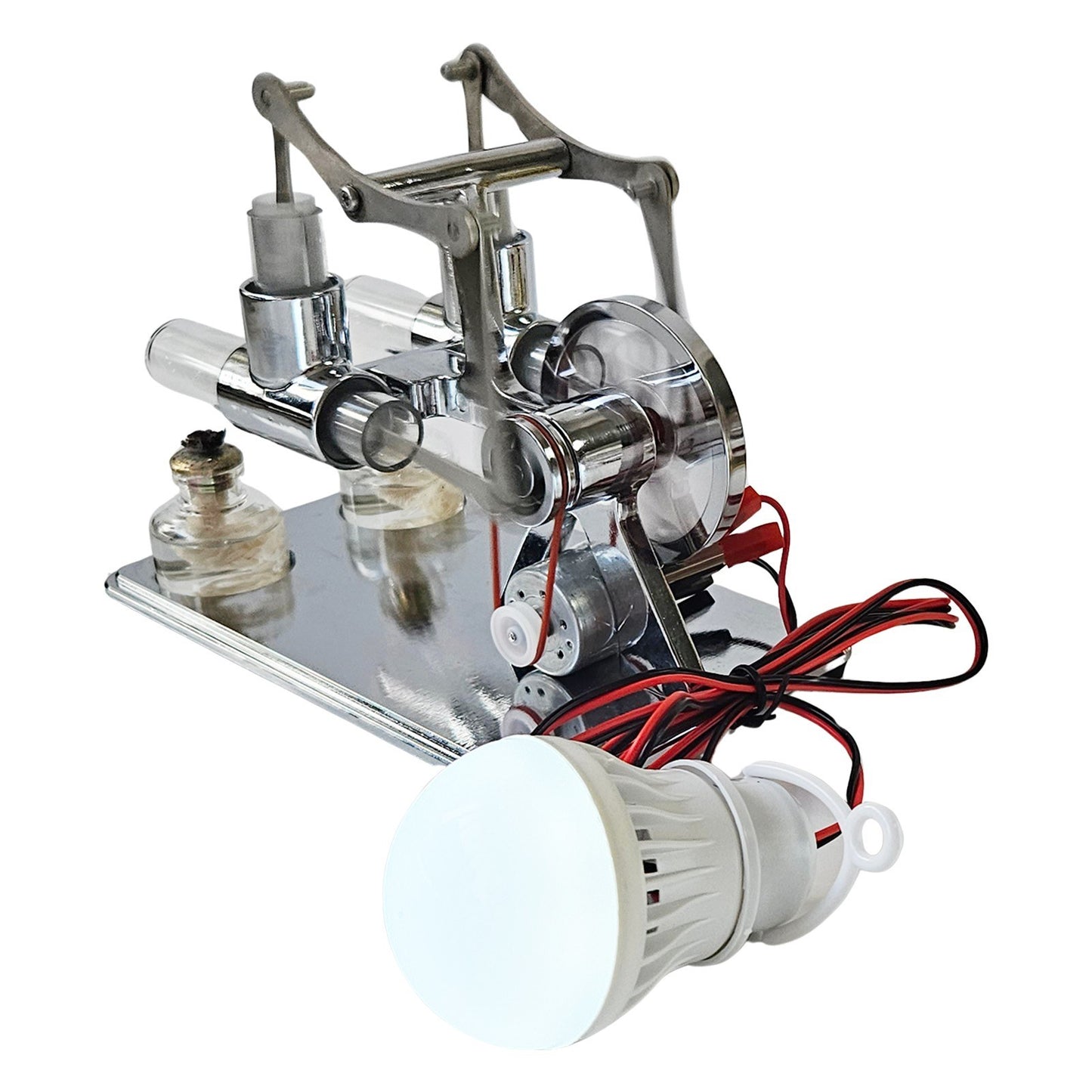 Dual Hot Air Stirling Engine Generator with LED Bulb and CNC Aluminum Flywheel Base