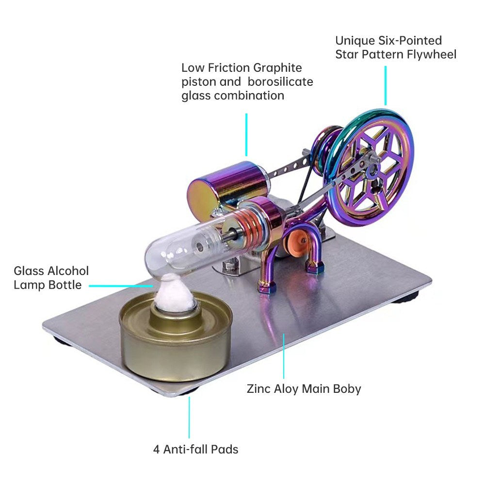 Stirling Engine Electricity Generator with LED Bulb and Star Pattern Flywheel