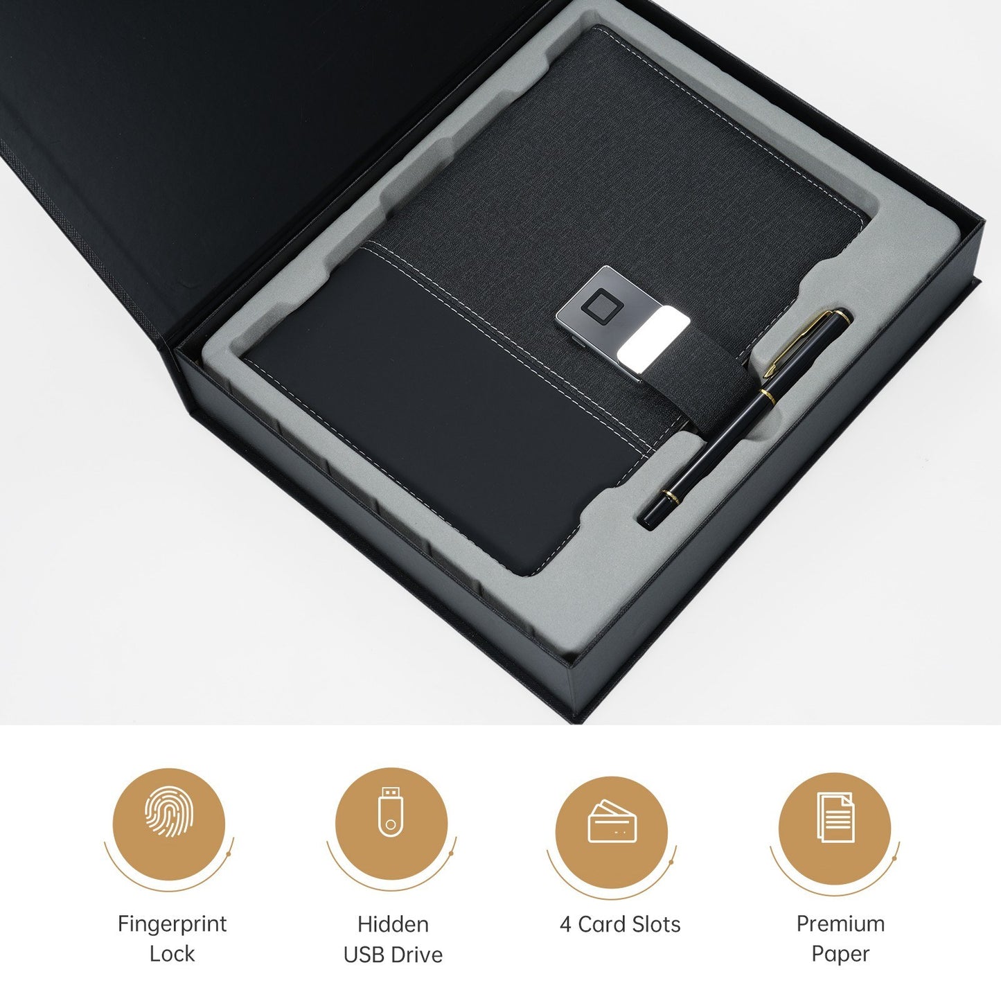 Secure A5 Leather Notebook with Fingerprint Lock & 16GB USB Drive - Lined Journal Planner