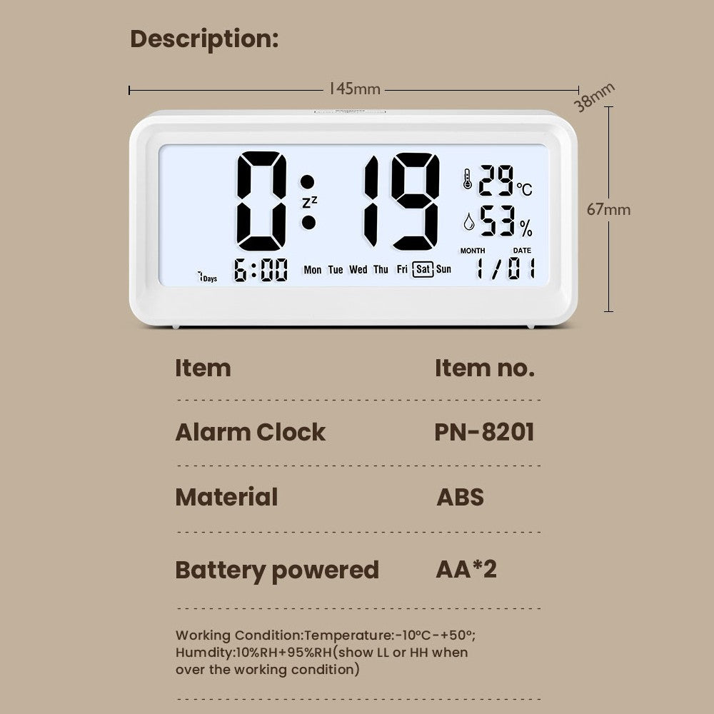 Digital Alarm Clock with Large LCD Screen, Weekday, Temperature & Humidity Display, Backlight