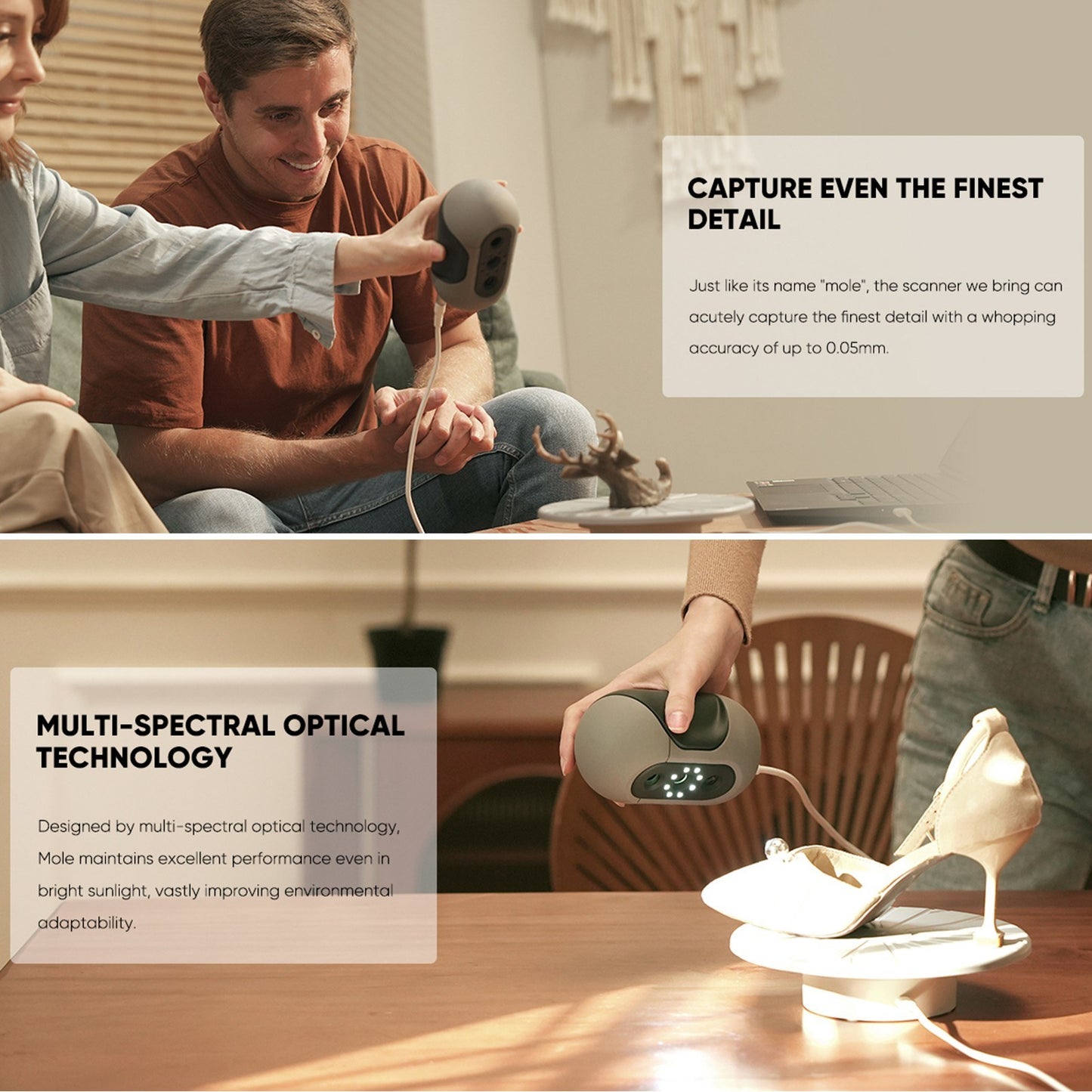 Mole Handheld 3D Scanner - 0.05mm Accuracy, 0.1mm Resolution, 10FPS, Compatible with Win10/11 & MacOS 11/12 - Standard Model