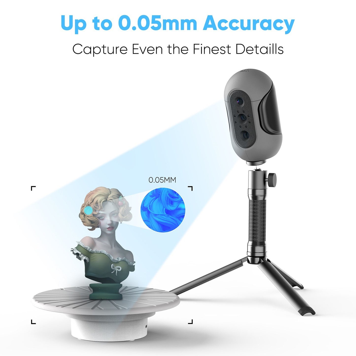 3DMakerpro Mole Handheld 3D Scanner - Premium 0.05mm Accuracy, 0.1mm Resolution, 10FPS for Win10/11 & macOS 11/12, Black Object Compatible