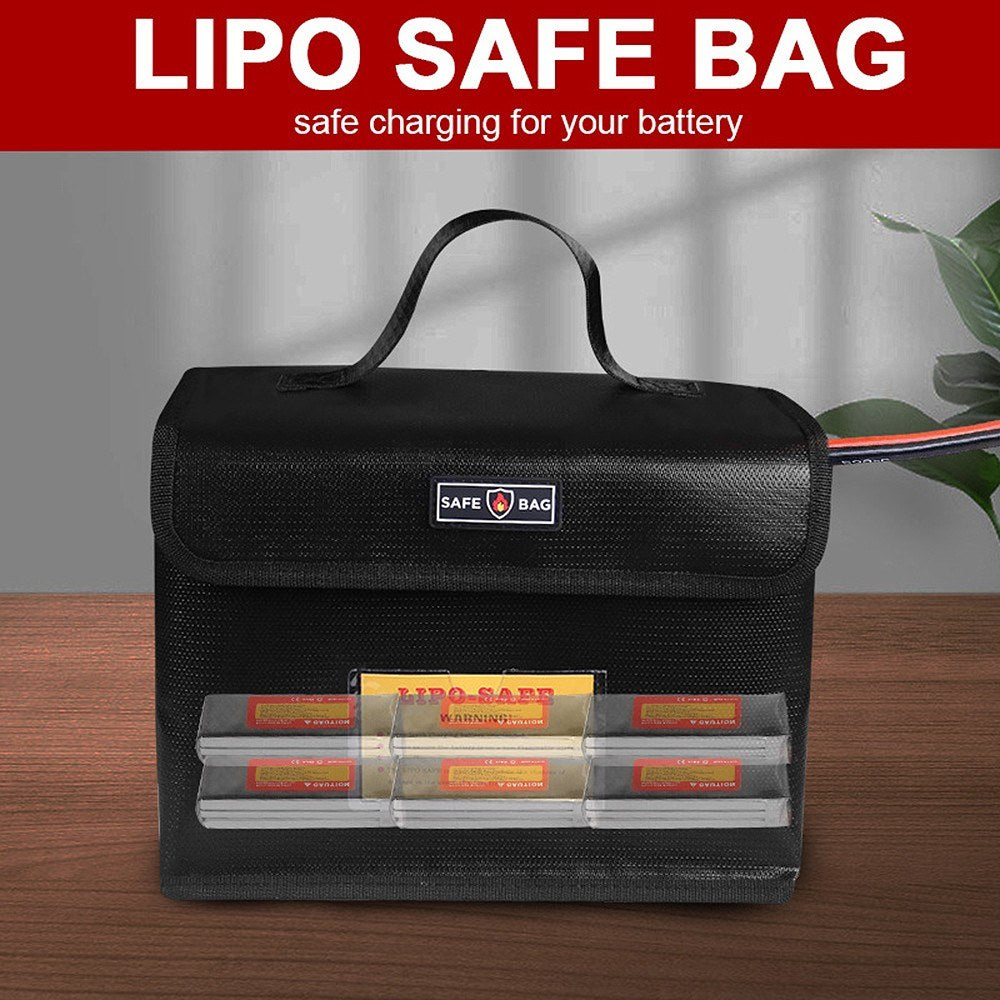 Fireproof Waterproof Lipo Battery Safe Bag with Invisible Charging Port & Mesh Pocket - 25.5x18x12cm