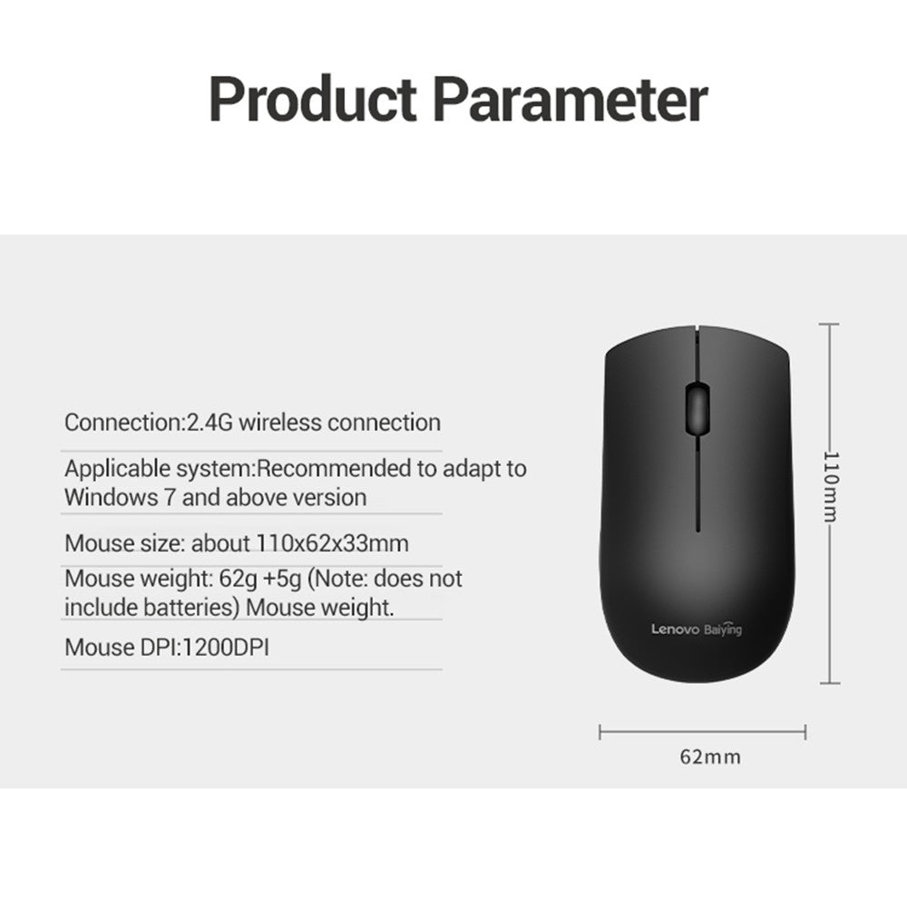 Lenovo M211 Wireless Mouse - Ergonomic 2.4G, 1200DPI for Laptop & PC