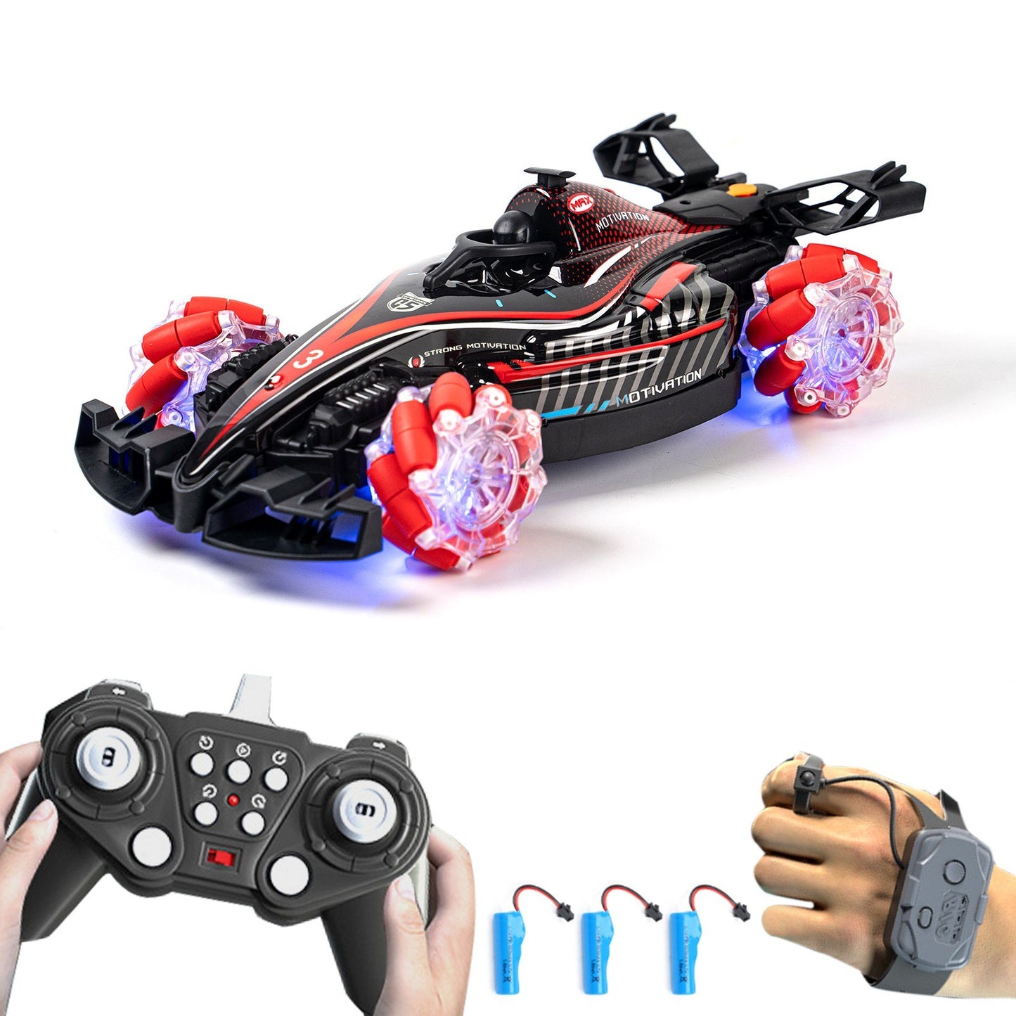Purple D864 Remote Control Stunt Car - 360° Rotating Off-road Vehicle with Spray Drift, Lights & Sound, Rechargeable Battery Included