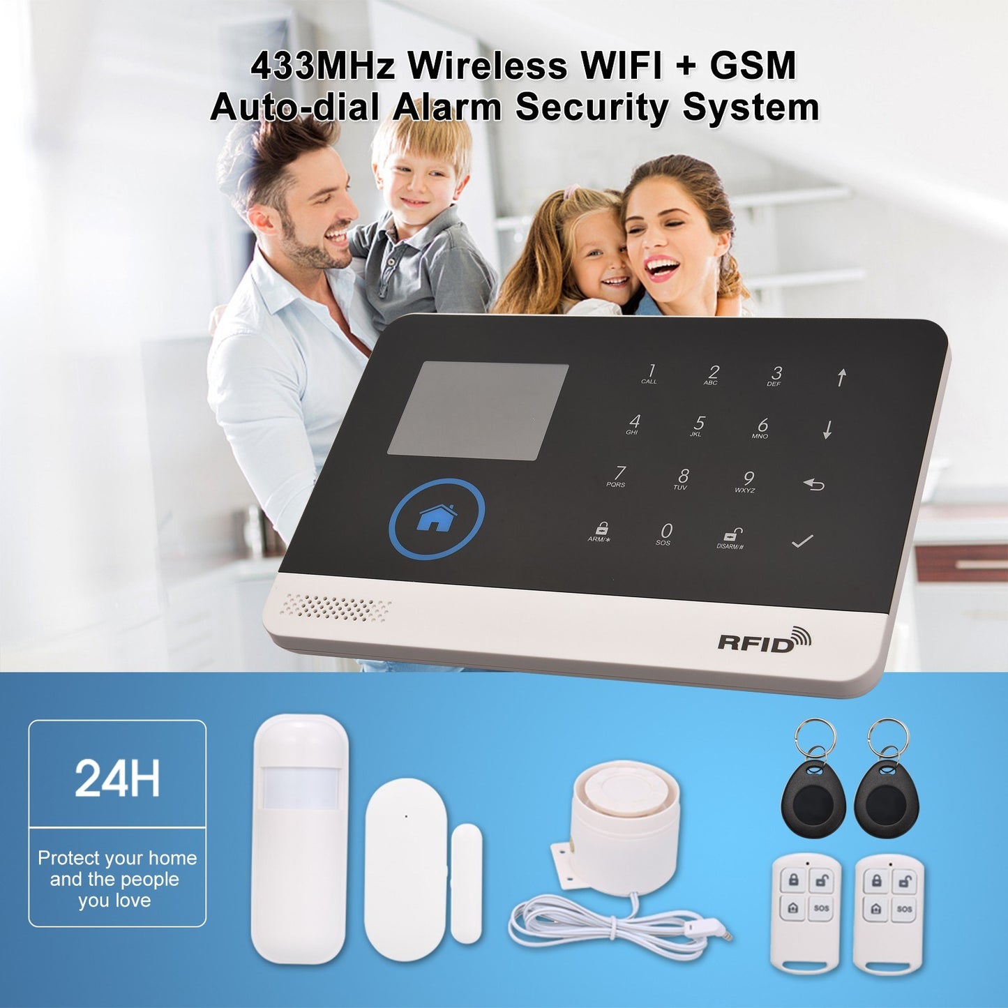 Smart Home Security Alarm System with 433MHz Wireless WIFI & GSM Auto-dial, LCD Display, Door & PIR Motion Sensors, Phone App & Voice Control, Alexa & Google Home Compatible