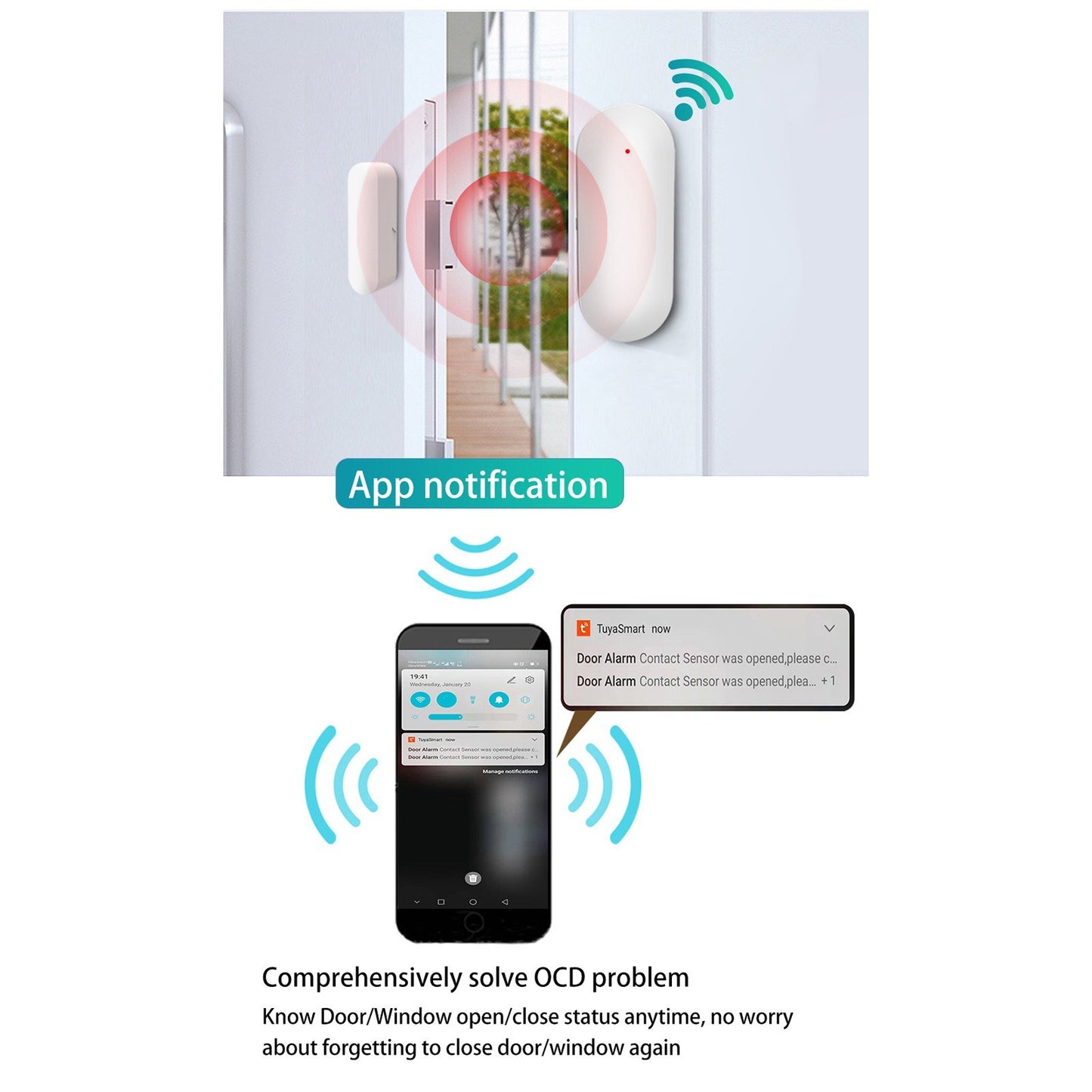 Tuya Smart WiFi Door/Window Sensor Alarm - Wireless Home Security Entry Detector