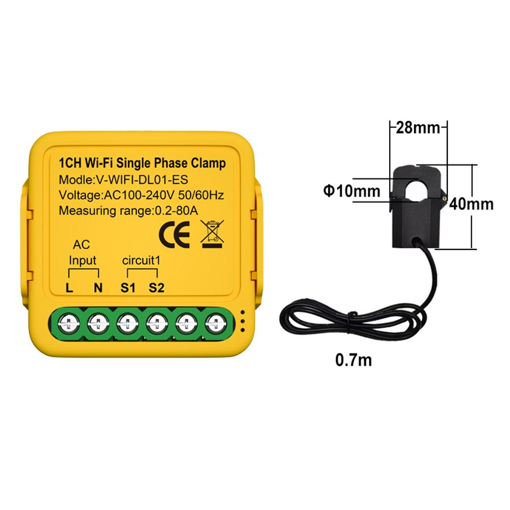 2.4GHz Tuya WiFi Smart Energy Monitor - Single Phase Home Consumption Meter with 2 Clamps