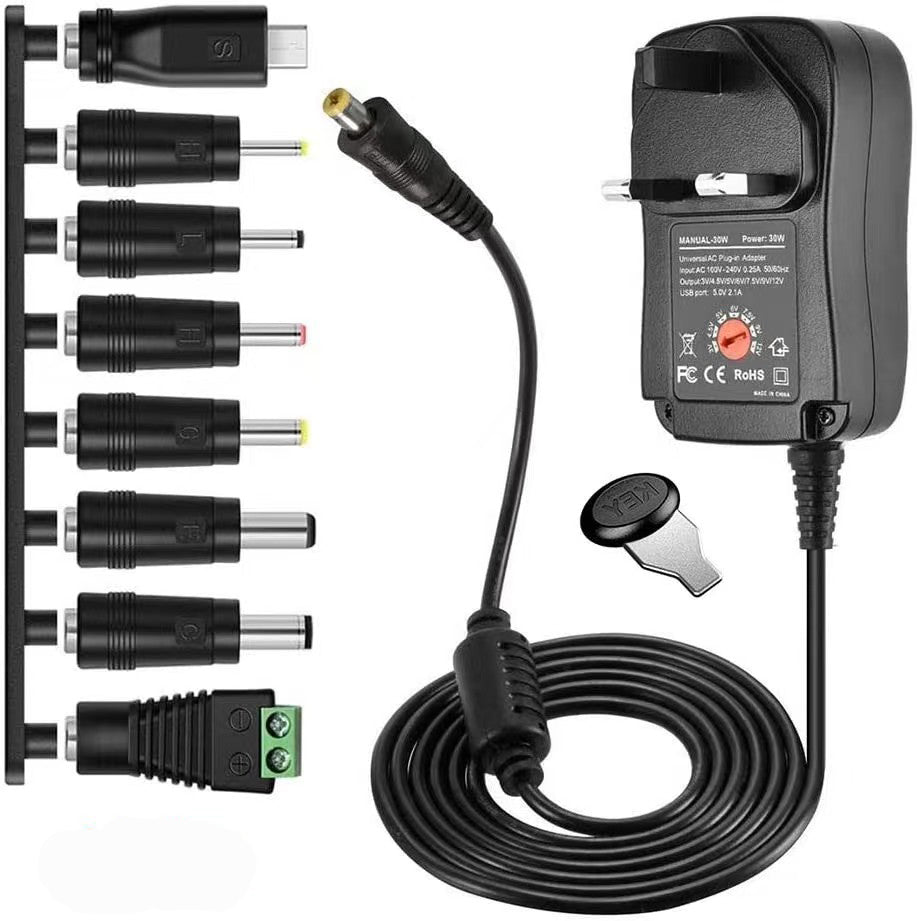 30W Universal AC to DC Power Adapter 3V-12V 2A with 5V 2.1A USB, 8 DC Plugs EU/US for LED, CCTV, Router, TV Box