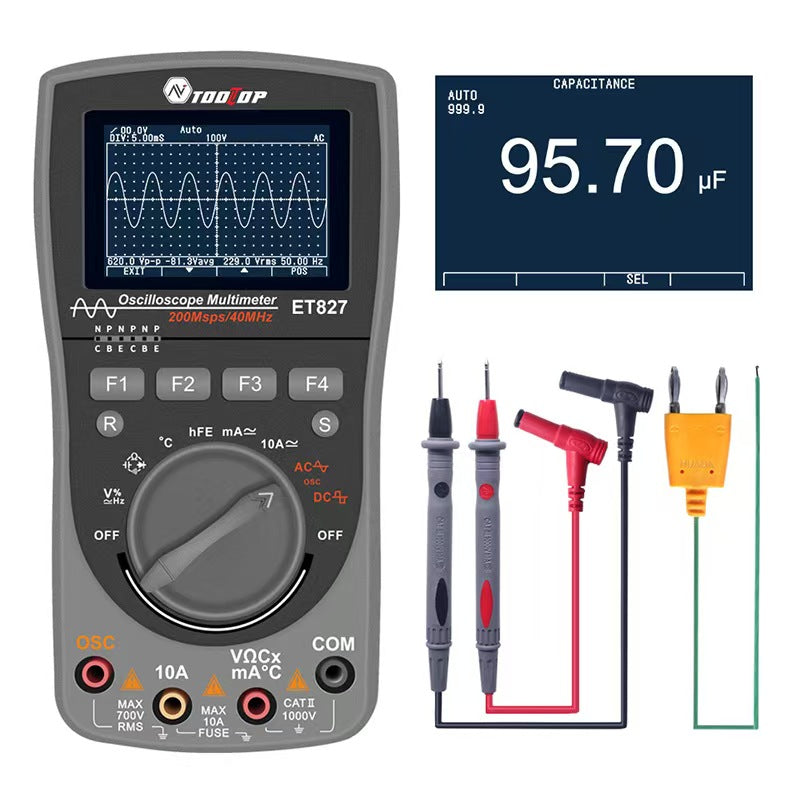 TOOLTOP ET827 40MHz Digital Oscilloscope & True RMS Multimeter - 6000 Counts, 200Msps/S Intelligent 2-in-1 Device