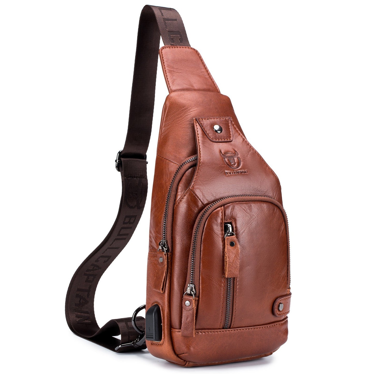 Genuine Leather Mens Crossbody Sling Bag with USB Port for Travel & Hiking