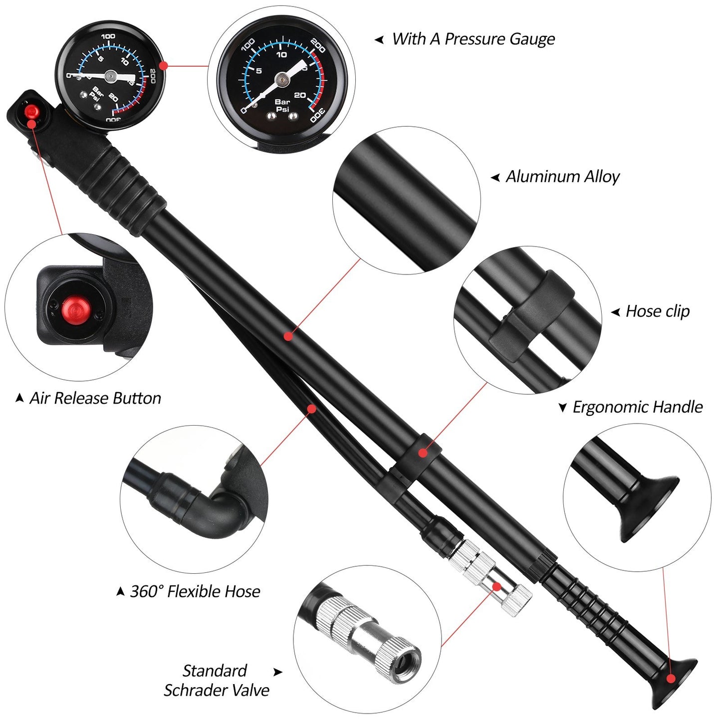300 PSI High Pressure Shock Pump for Mountain & Road Bikes - Presta & Schrader Valve, Gauge for Front Fork & Rear Suspension