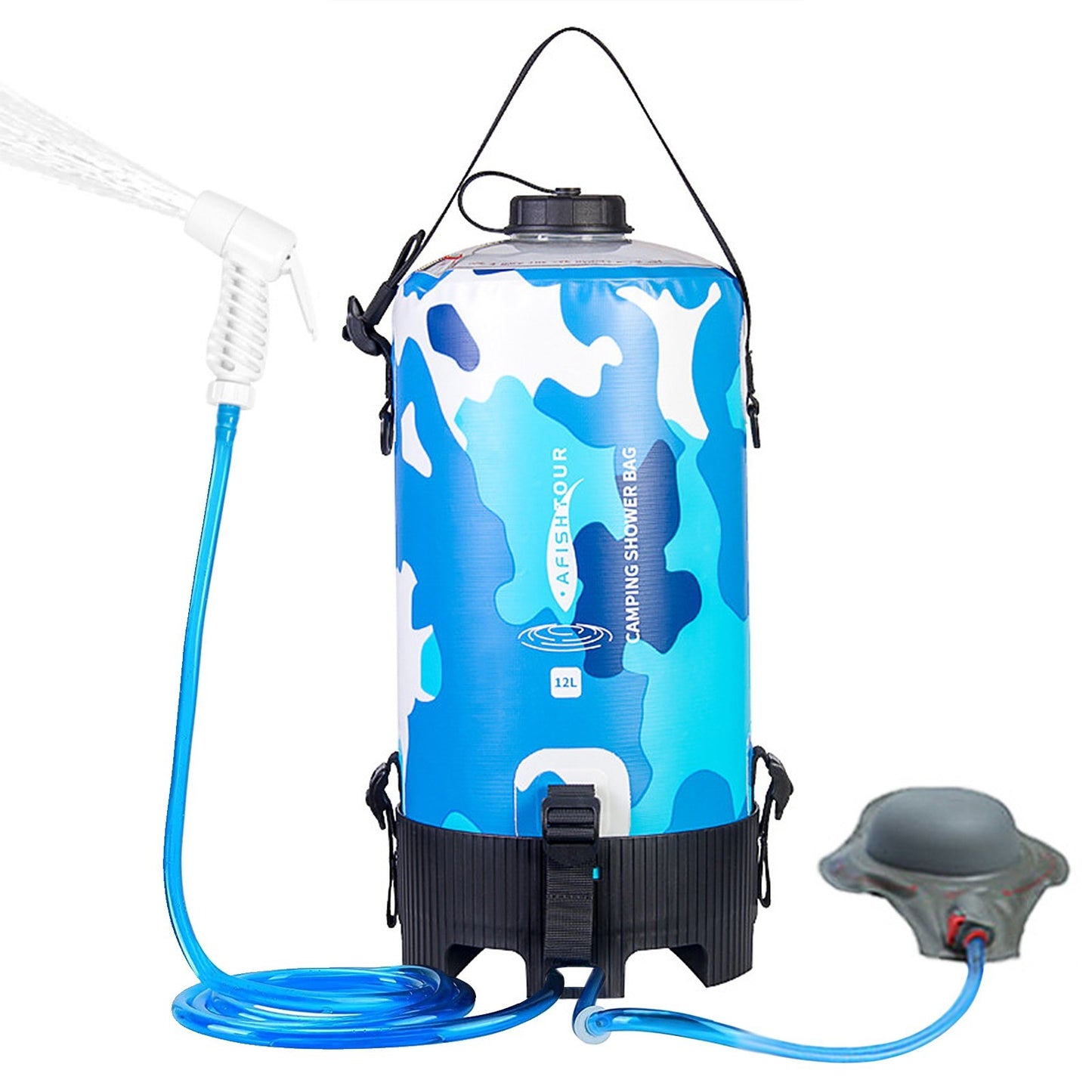 AFISHTOUR 12L Portable Camping Shower Bag with Foot Pump & Hose Shower Head