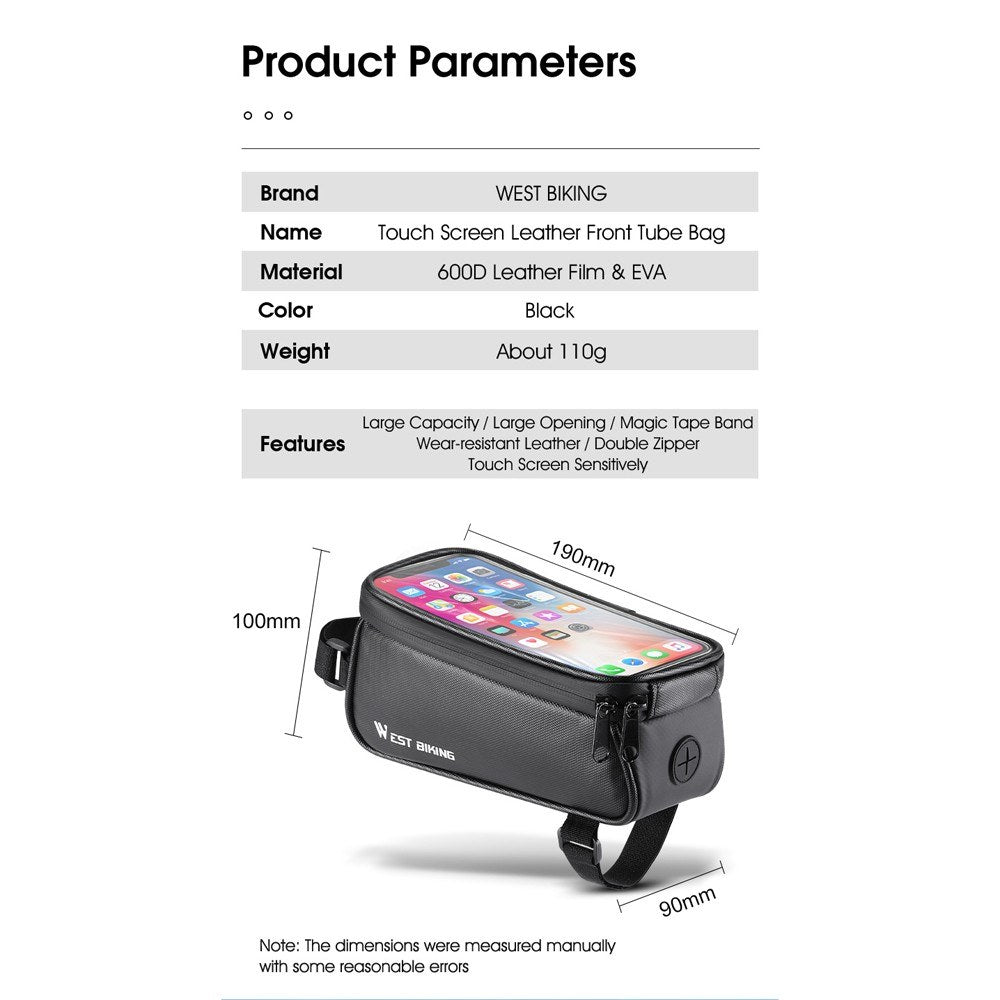 1L Bike Frame Bag with Touch Screen for Mobile Phone - Double Zipper Cycling Bag Road Bike Accessories