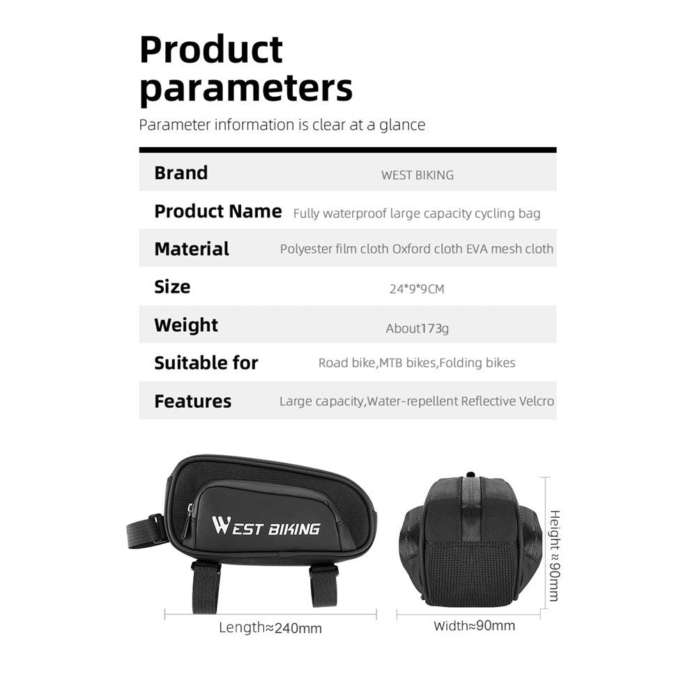 WEST BIKING Waterproof 1.5L Bicycle Front Frame Bag with Smooth Zipper