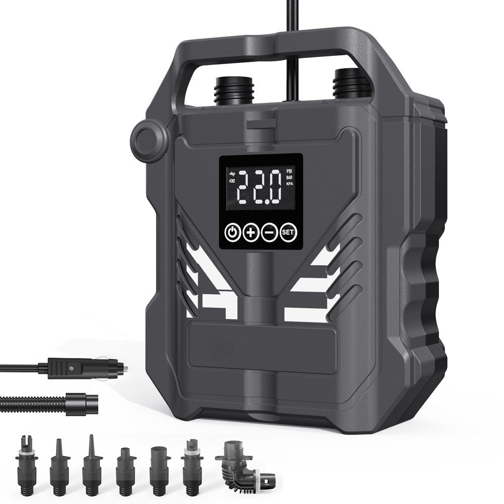 Portable 22PSI High Pressure Paddle Board Pump - 12V Car Electric Air Compressor with Auto-Off, Inflation/Deflation Modes & 7 Nozzles for Boats, Kayaks, Tents, Pools, SUPs