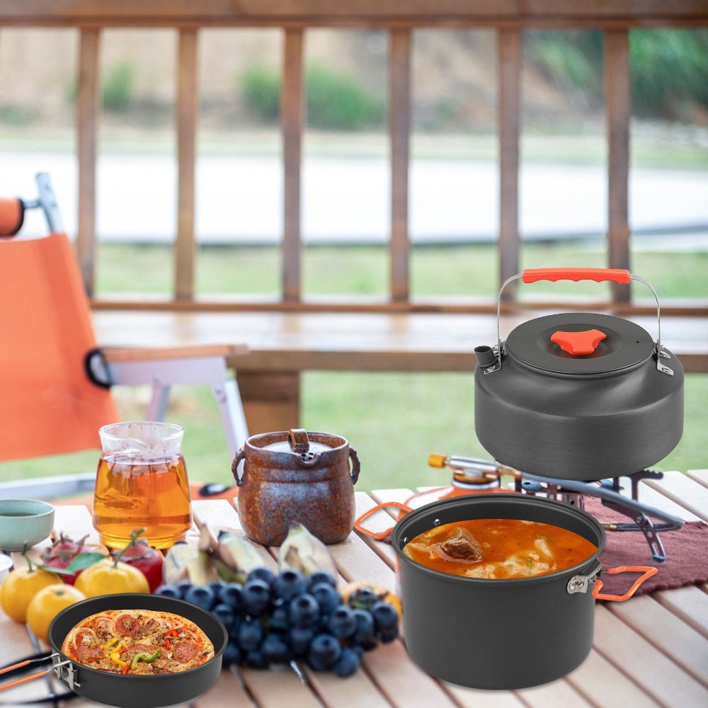 Aluminum Camping Cookware Mess Kit with Pot, Pan, Steaming Tray, and Kettle