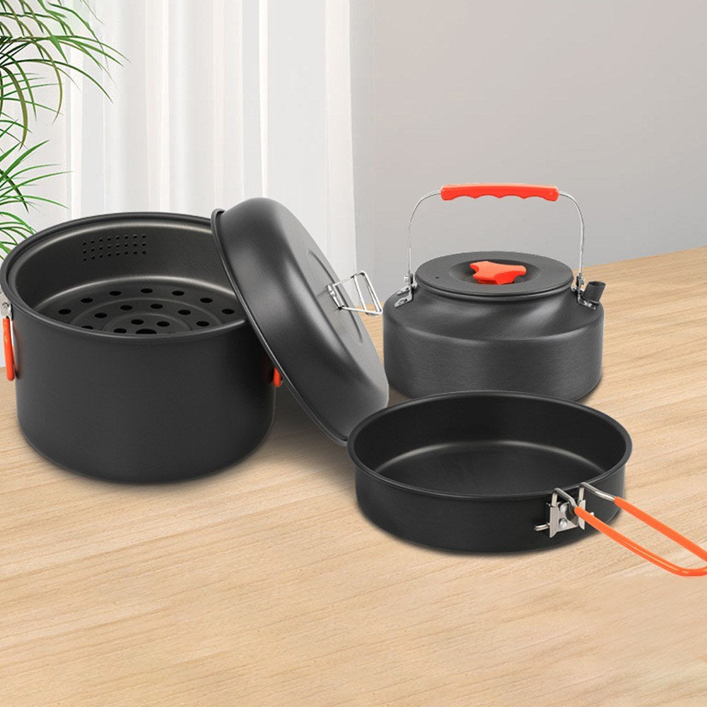 Aluminum Camping Cookware Mess Kit: Pot, Pan, Steaming Tray, Bowl, Cup, Kettle & Cover