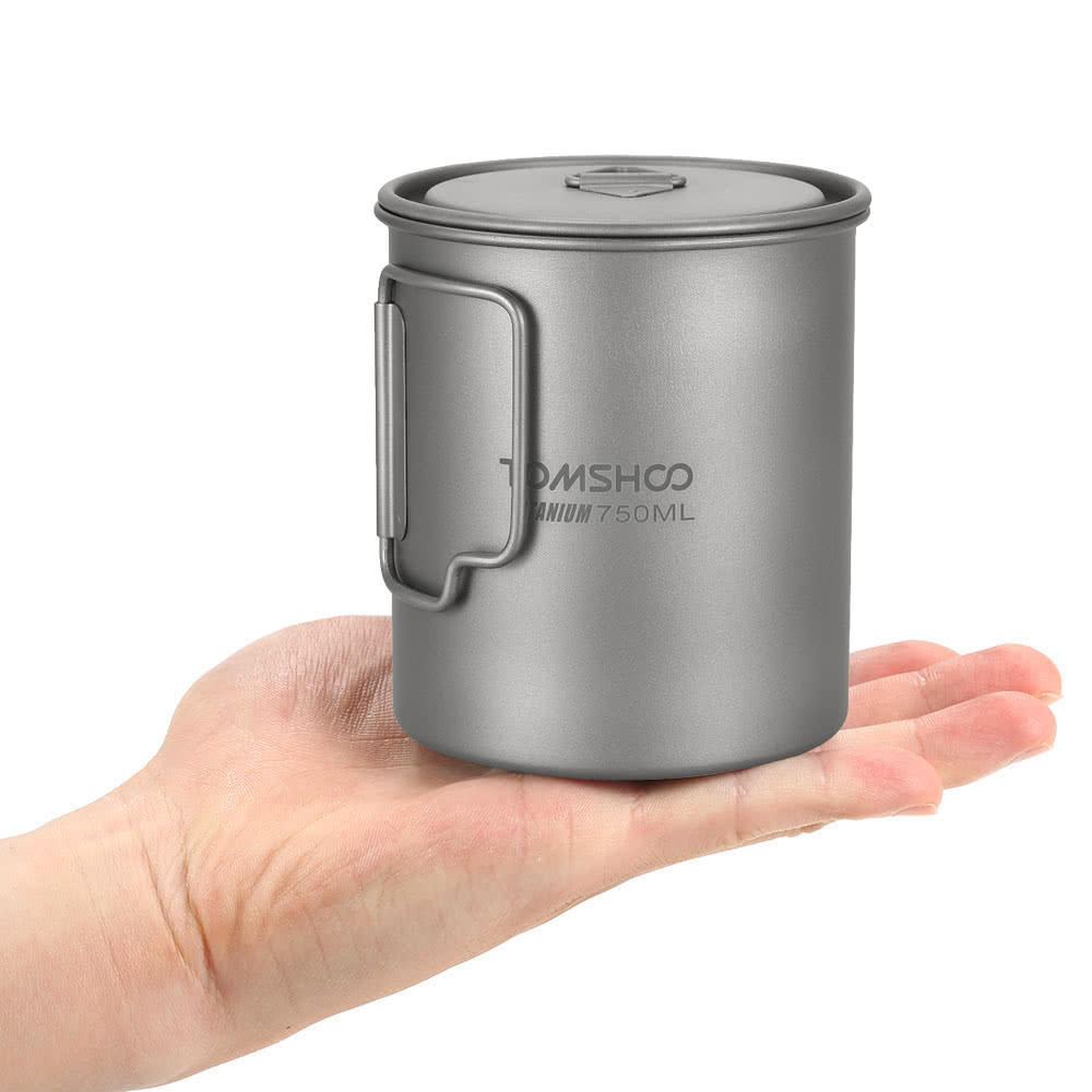 TOMSHOO Ultralight 750ml Titanium Camping Mug with Foldable Handle - Portable Outdoor Water Cup
